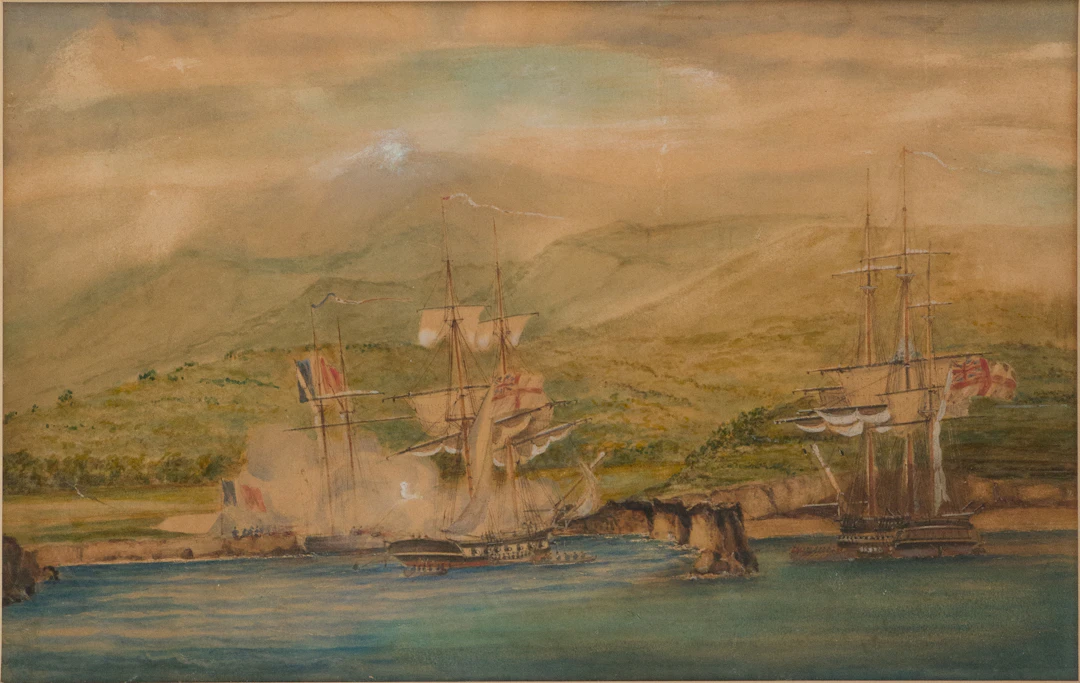 French and English Maritime Battle, Watercolor on Paper