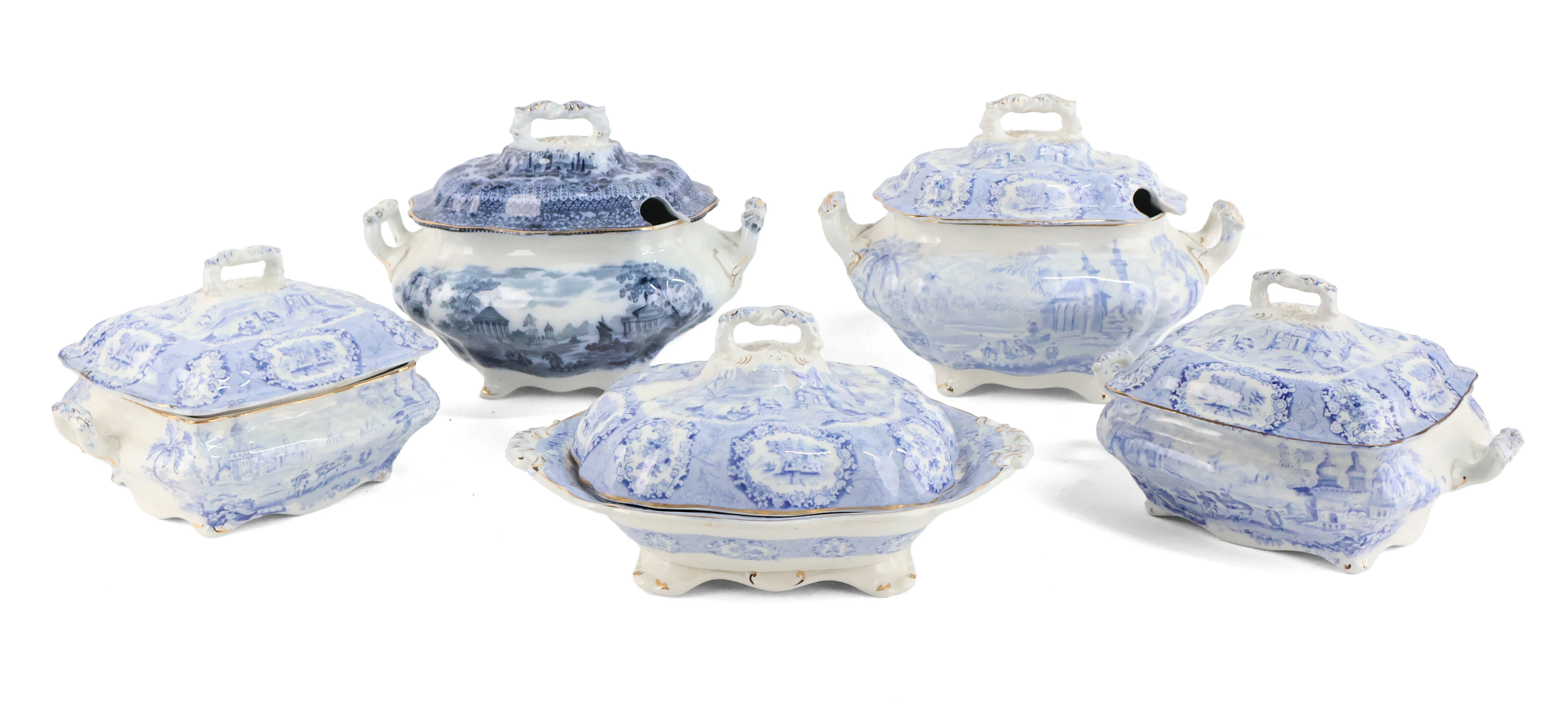 Five Ridgeways Blue Transferware Covered Serving Dishes