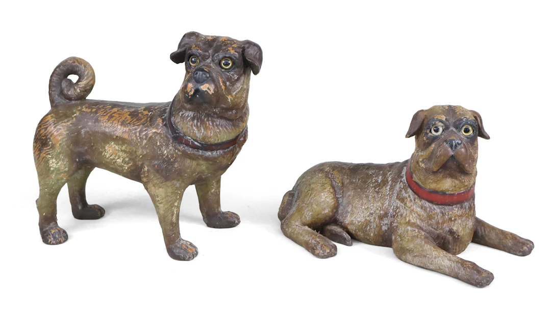 Two Painted Composition Pug Statues