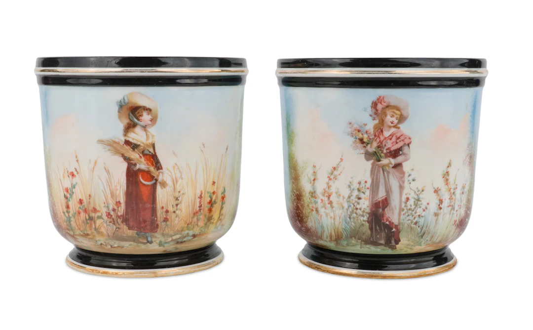 Pair of Painted Porcelain Cache Pot
