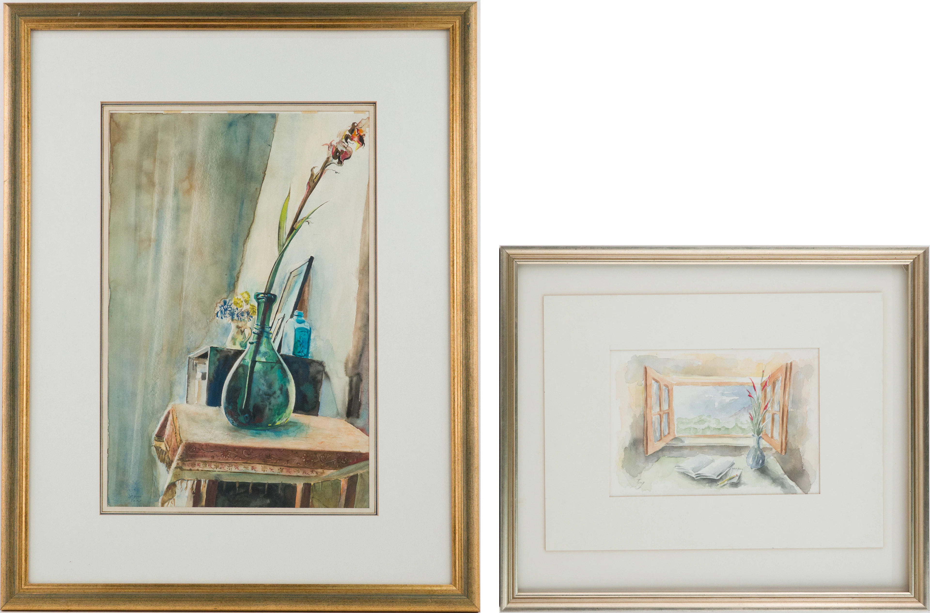 Two Still Lifes of Flowers in a Vase, Watercolor on Paper