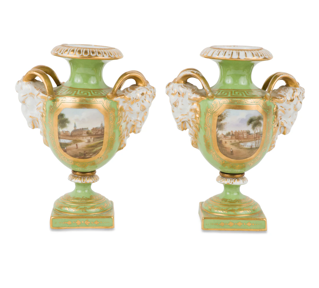 Pair of Royal Crown Derby "Buckingham House" Green Porcelain Urns