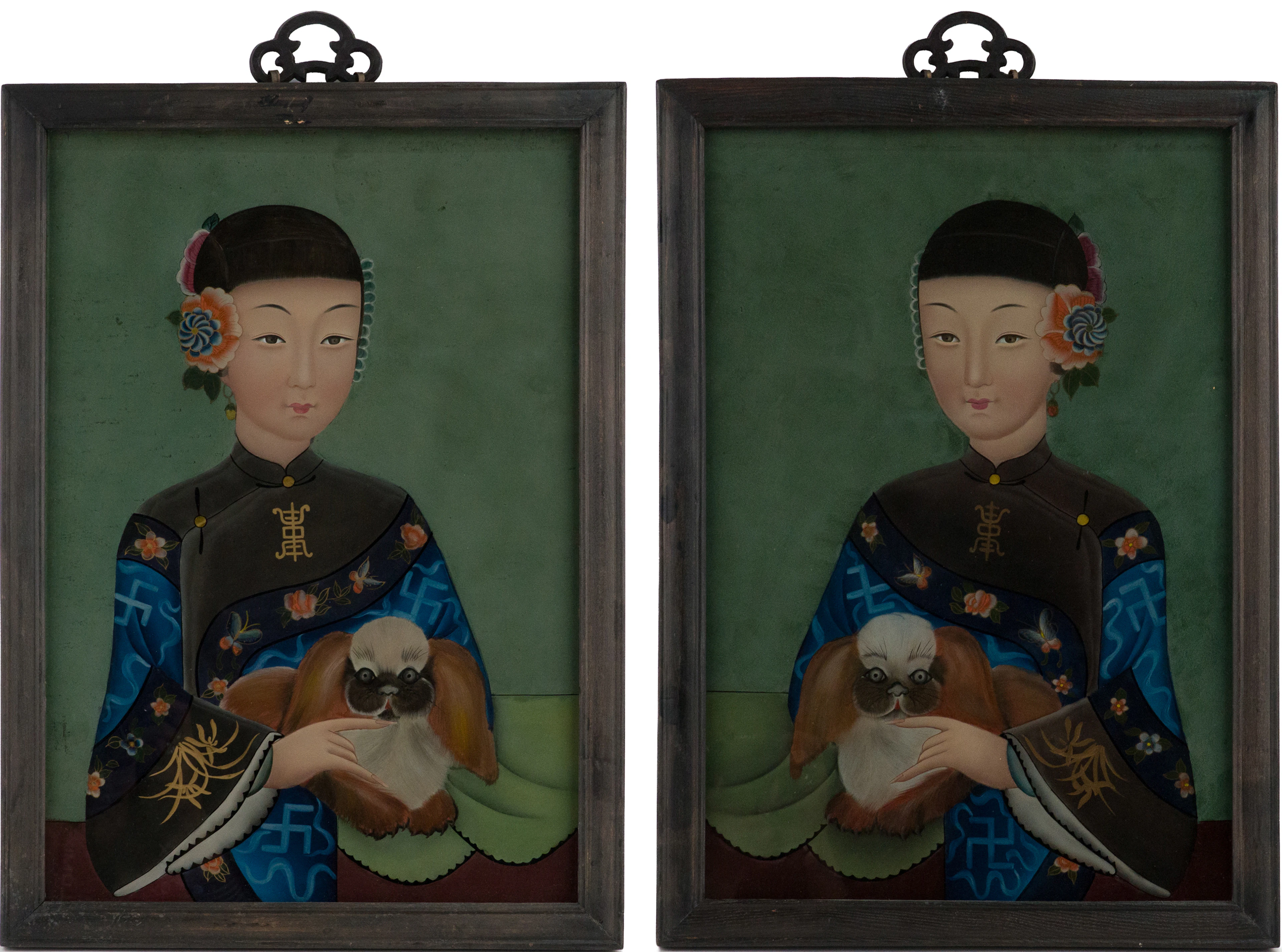 Pair of Chinese Reverse Painted Portraits of Girls with Pekinese