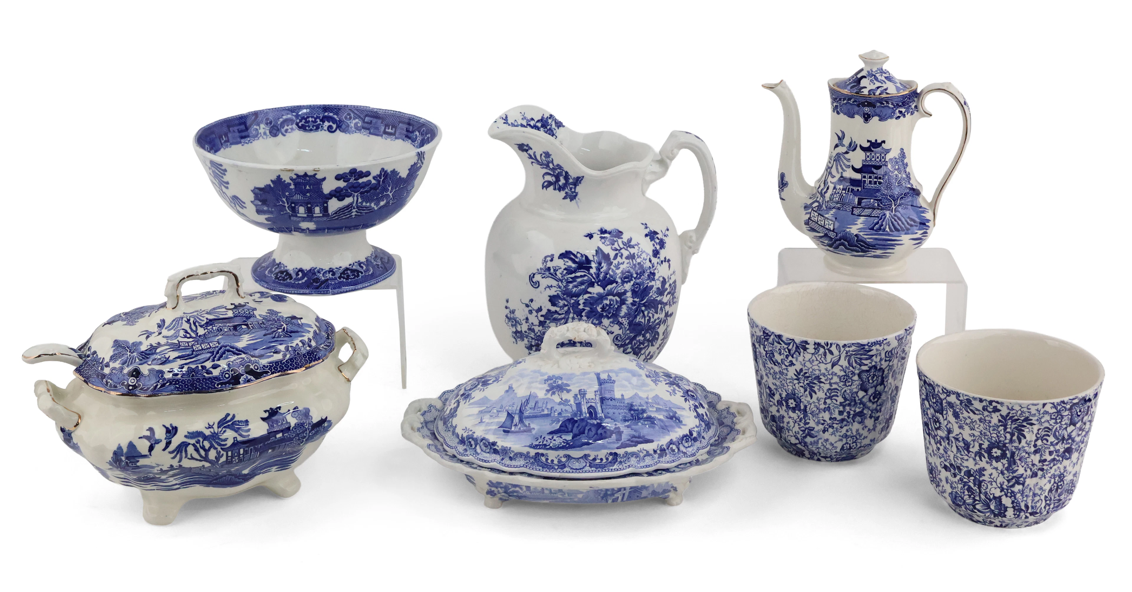 Seven Blue Transferware Table Articles