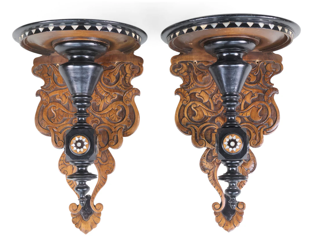 Pair of Mother-of-Pearl Inlaid, Ebonzied, and Carved Wood Wall Brackets