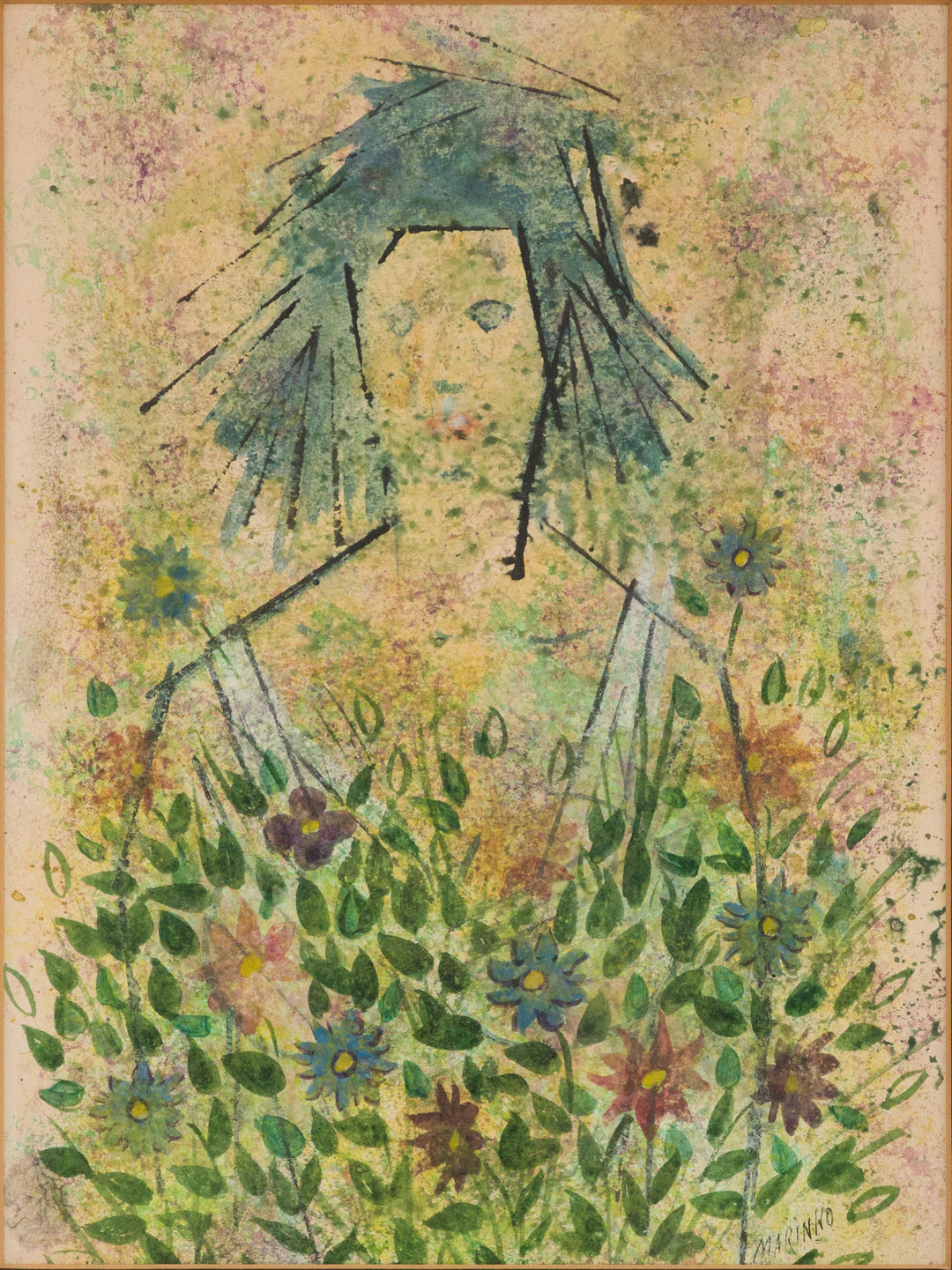George J Marinko, 1908-1989, Girl in Field of Flowers, Mixed Media