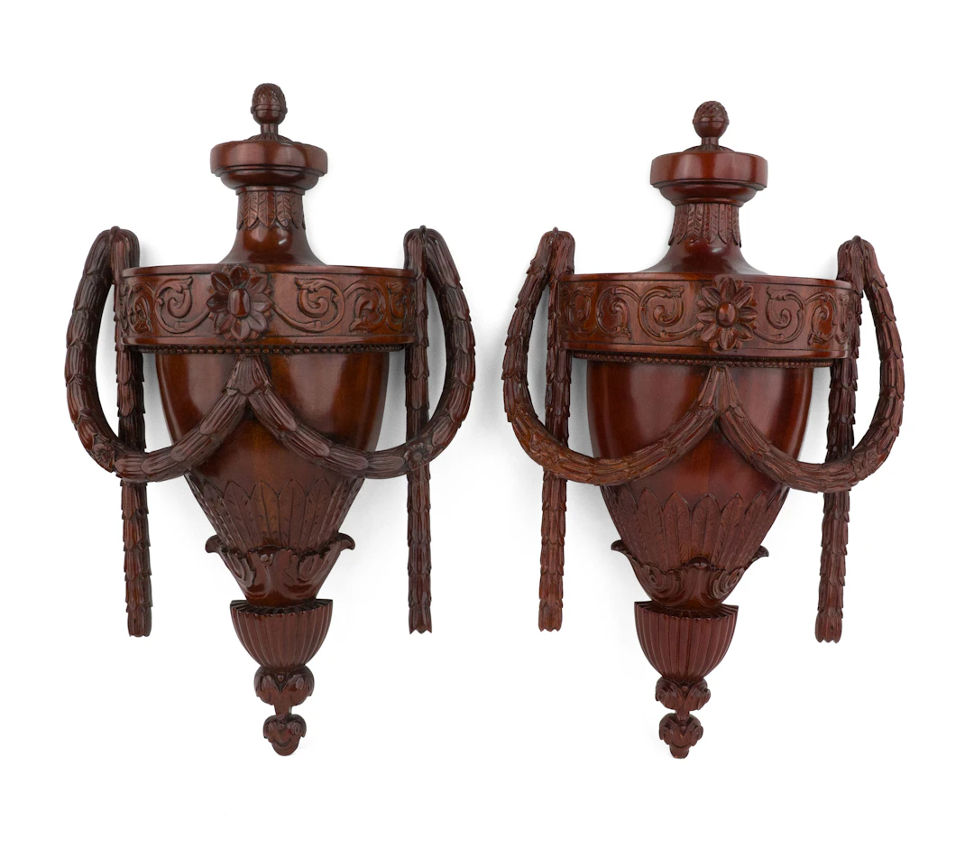 Pair of Regency Style Carved Mahogany Urn-Form Wall Plaques