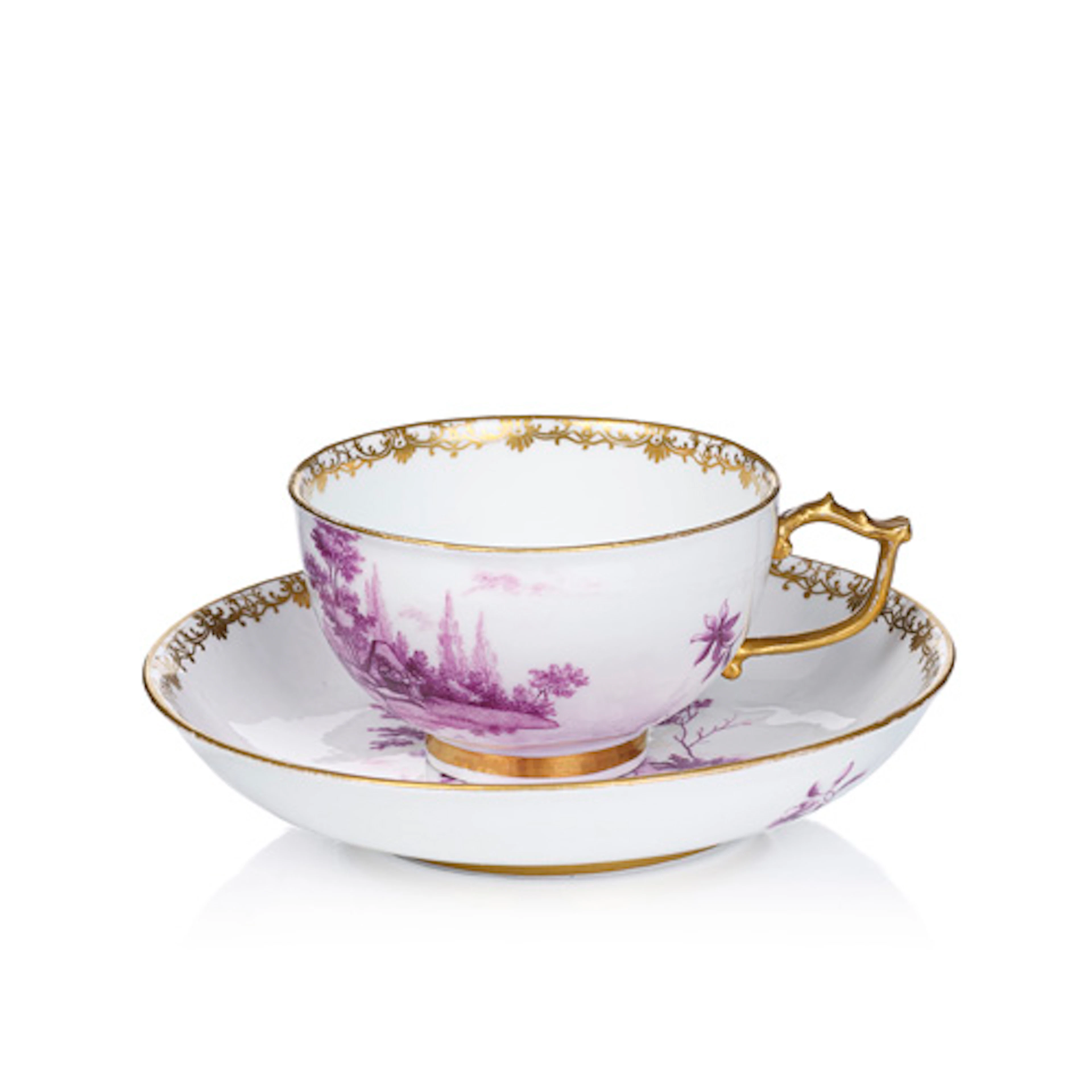 688 Tasse mit Untertasse mit Szenen nach Watteau. Meissen. Um 1745–1750.