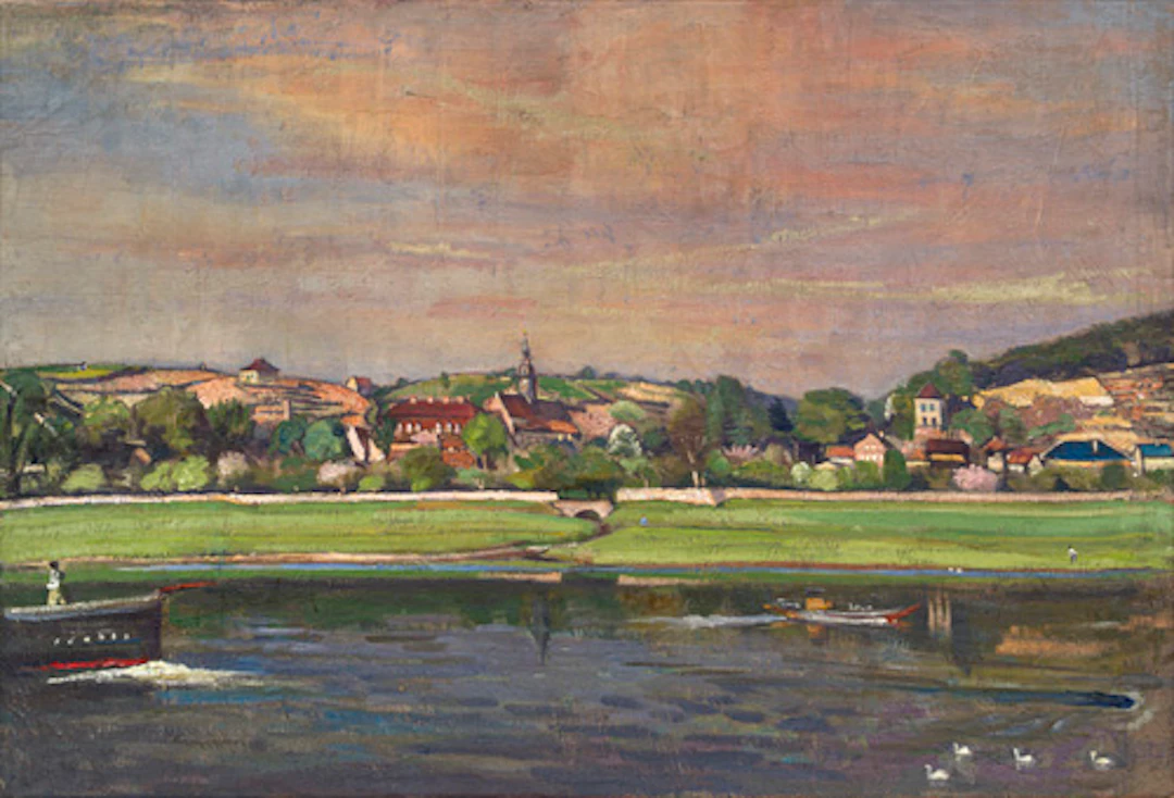 094 Paul Wilhelm "Elblandschaft mit Blick auf Schloss Seußlitz". Um 1930.