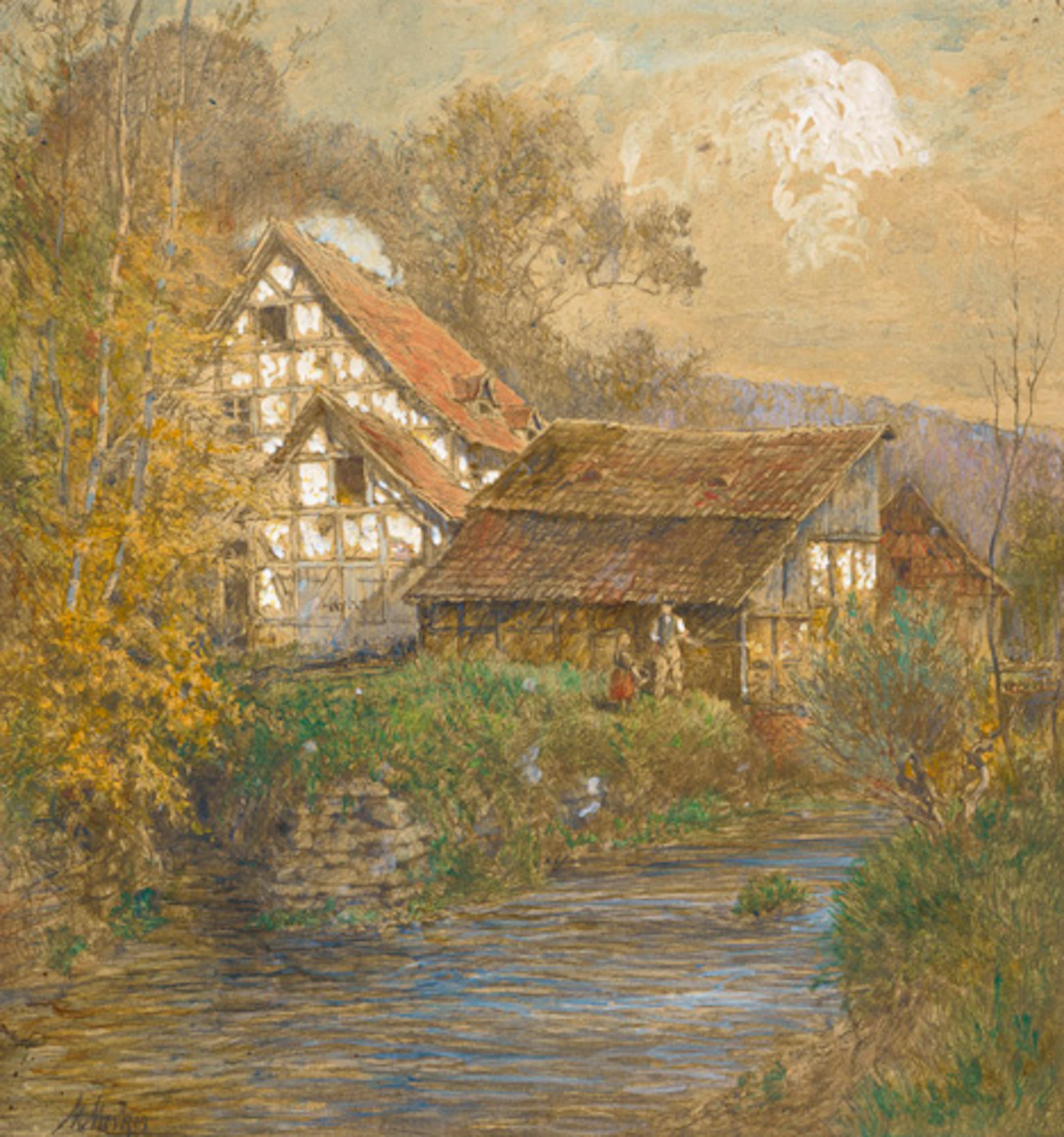 358 Max Merker, Angler am Mühlbach. 1. Viertel 20. Jh.