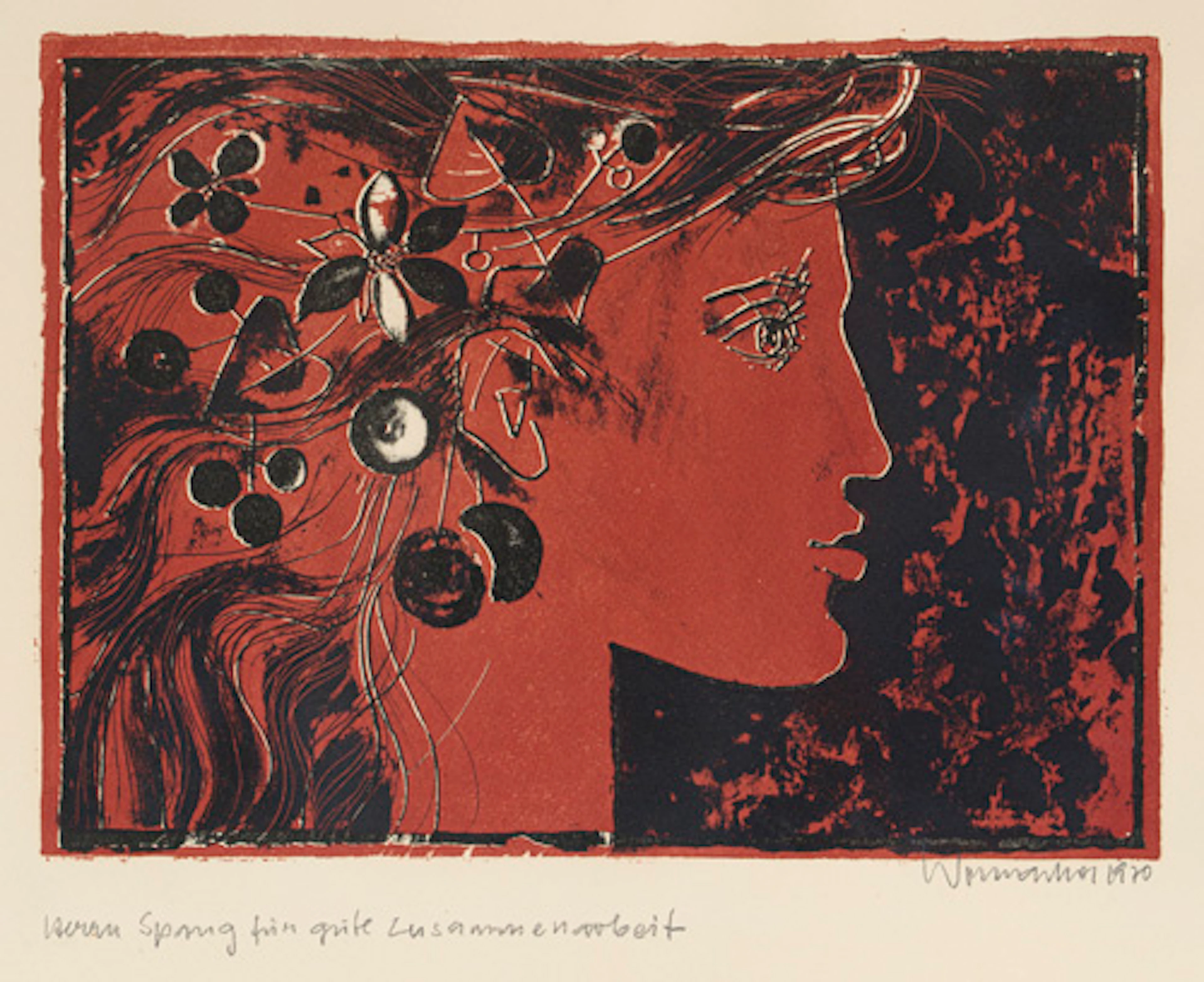 635 Walter Womacka "Mädchenkopf mit Blüten und Kirschen". 1970.
