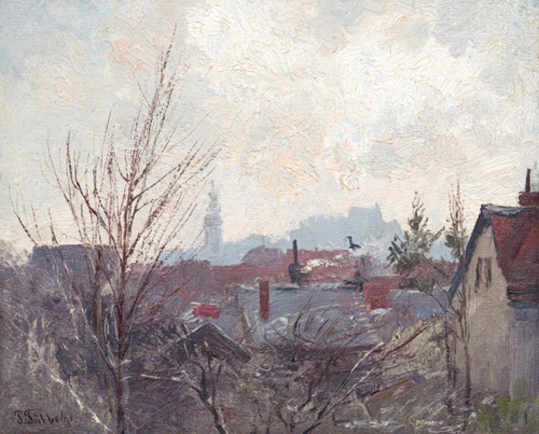 088 Paul Wilhelm Tübbecke, Blick über die Dächer von Weimar auf Schlossturm