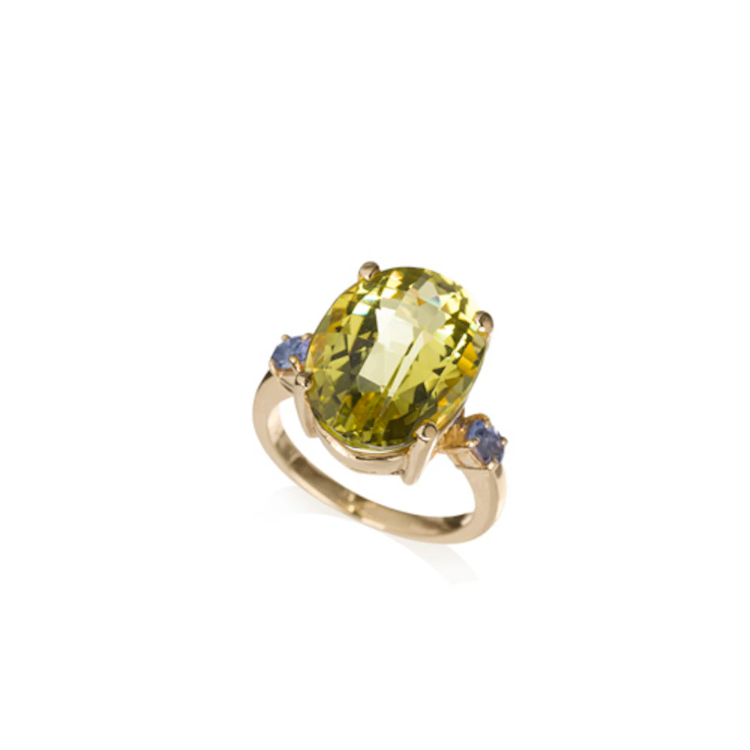 831 Gelbgold-Ring mit großem gelbgrünem Quarz-Solitär.