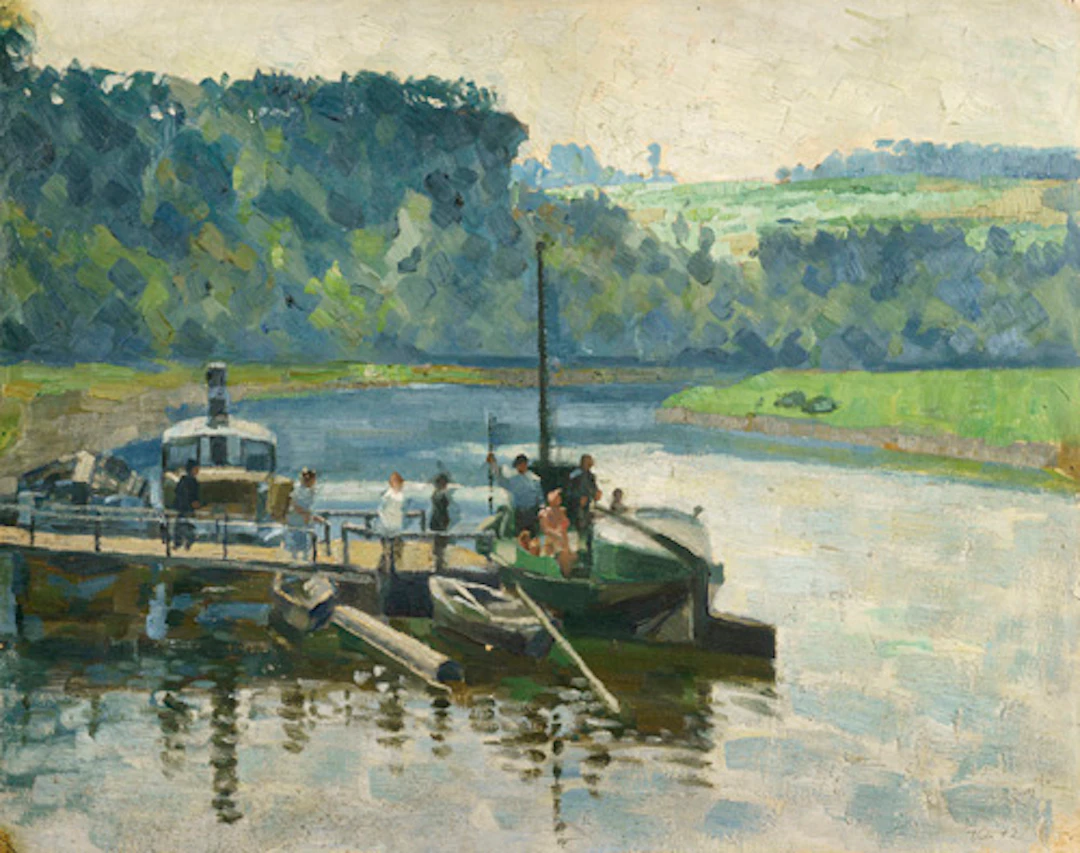077 Georg Egmont Oehme, Die Elbe mit Fähranleger bei Obervogelgesang. 1942.