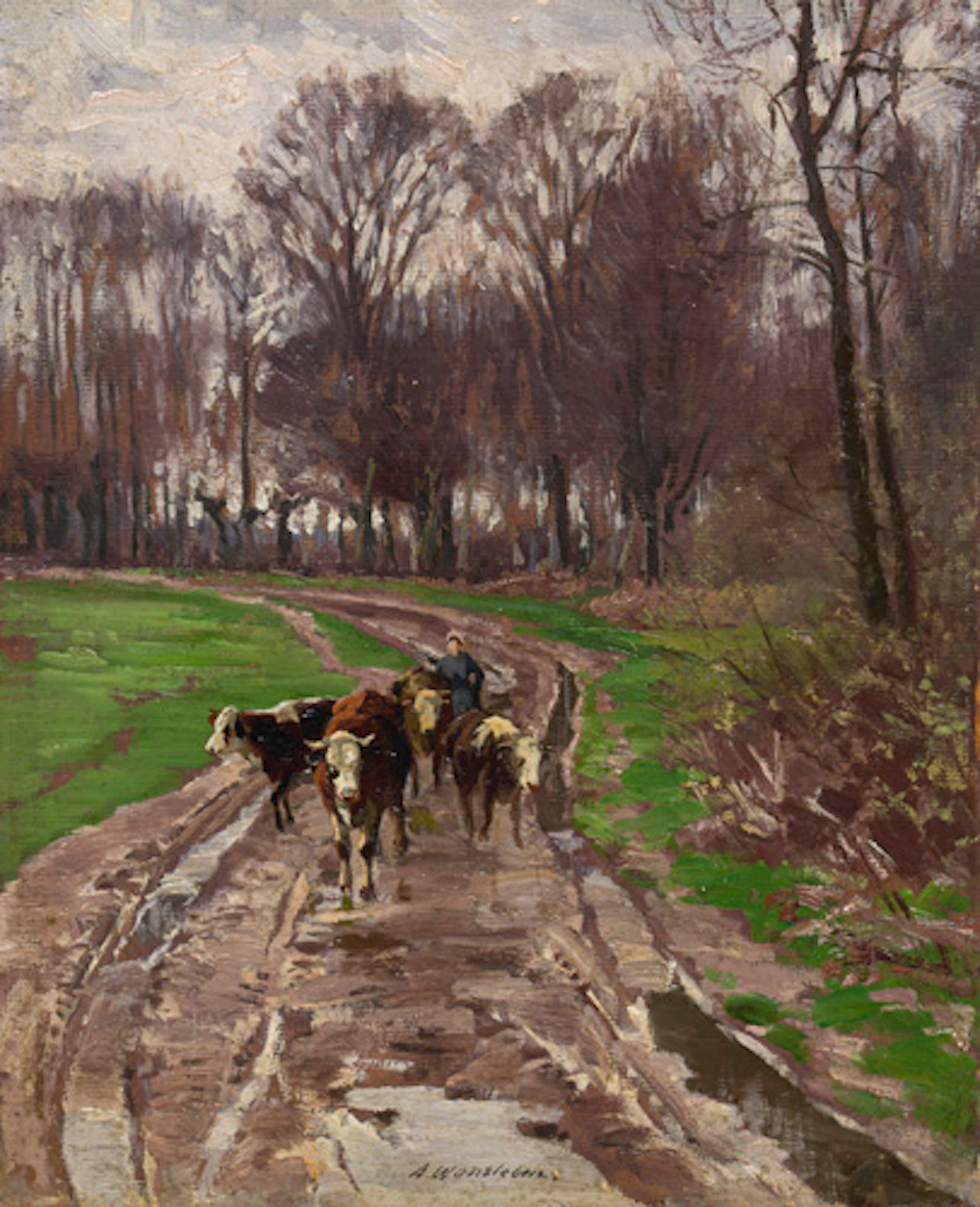 093 Arthur Wansleben, Viehtrieb in den Rheinauen im Vorfrühling. Um 1910.