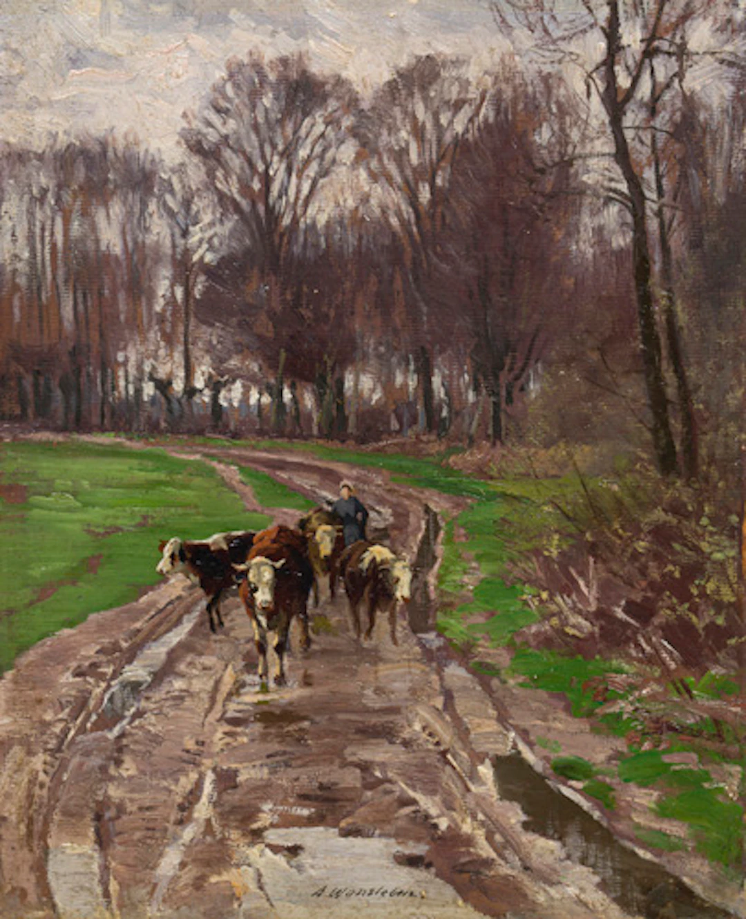 093 Arthur Wansleben, Viehtrieb in den Rheinauen im Vorfrühling. Um 1910.
