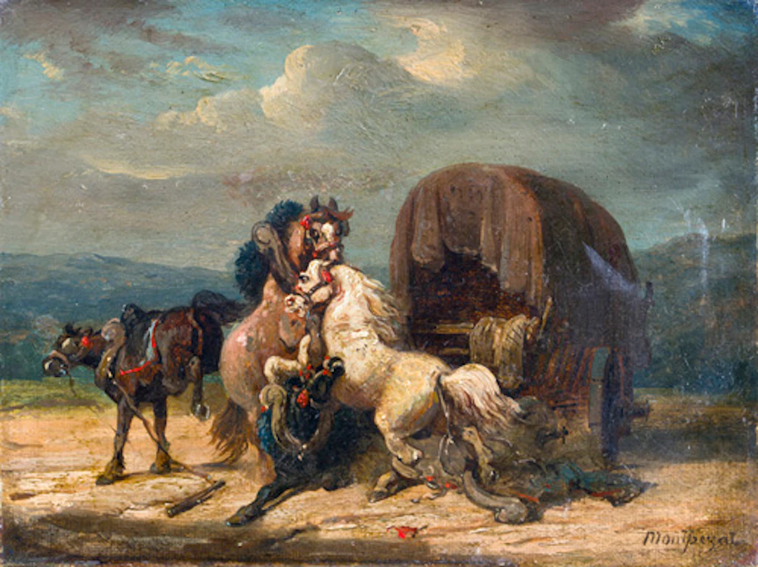 028 Henri Auguste de Montpezat, Scheuende Pferde am Planwagen. Wohl