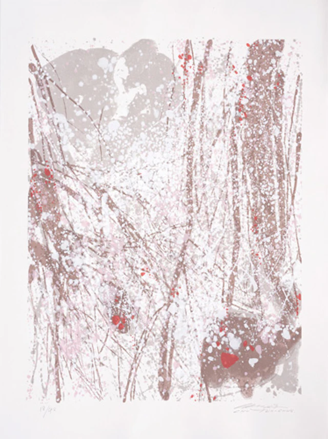595 Chu Teh-Chun, Ohne Titel (Rosa-Rot-Grau). Späte 1980er / frühe
