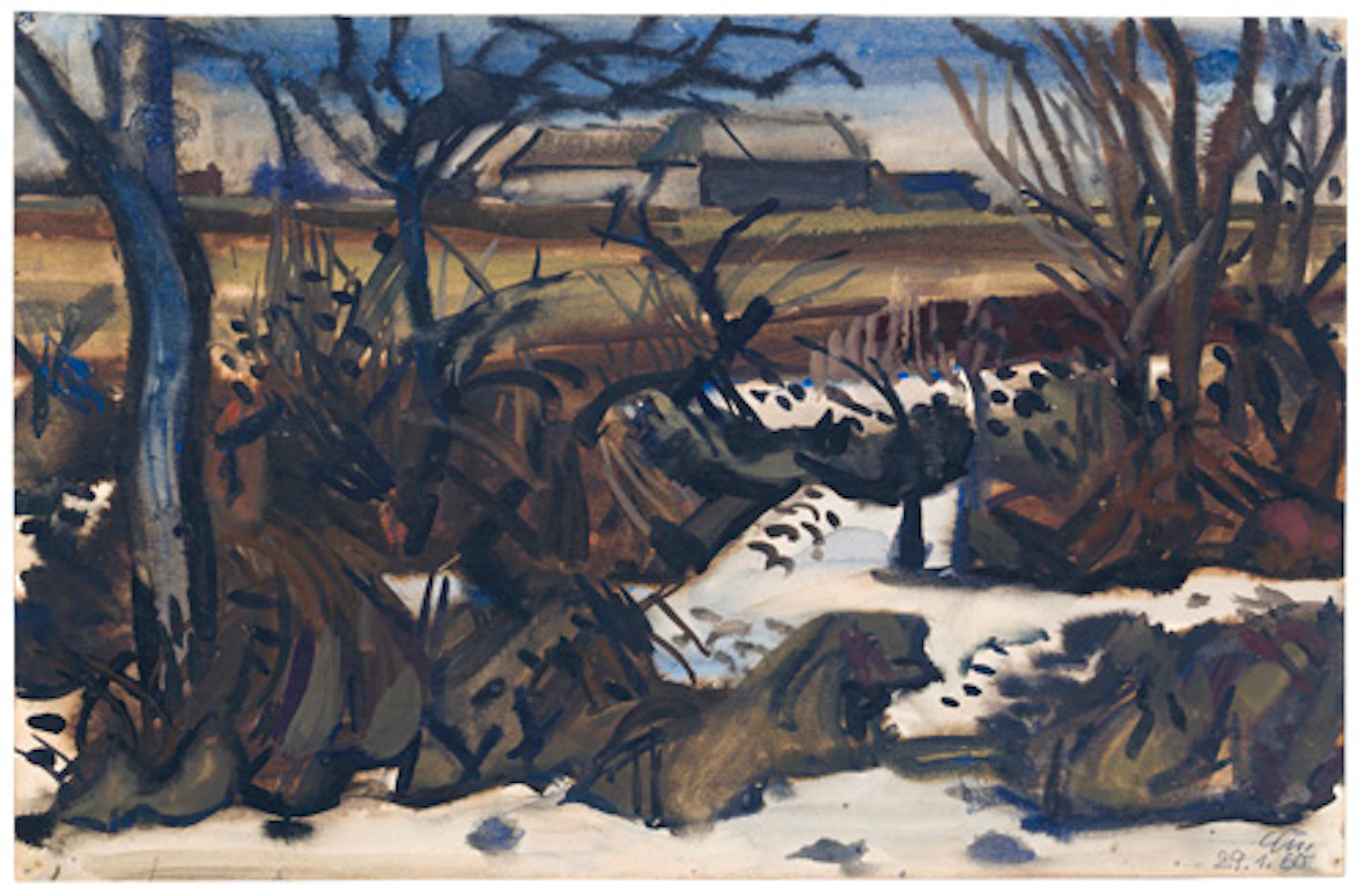 560 Curt Querner "Dunkler Januartag (Gebüsch vor Häusern)". 1960.
