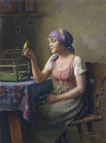 047 Hans Hamza, Junge Niederösterreicherin mit Vogel. 1. H. 20. Jh.