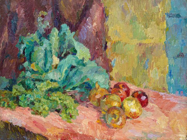 085 Fritz Schulze "Stilleben mit Kohl, Äpfeln und Zwiebeln". 1929.