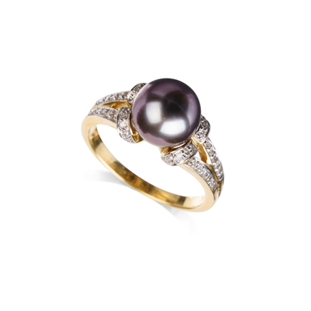 836 Gelbgold-Ring mit Südsee-Perle und Brillanten.