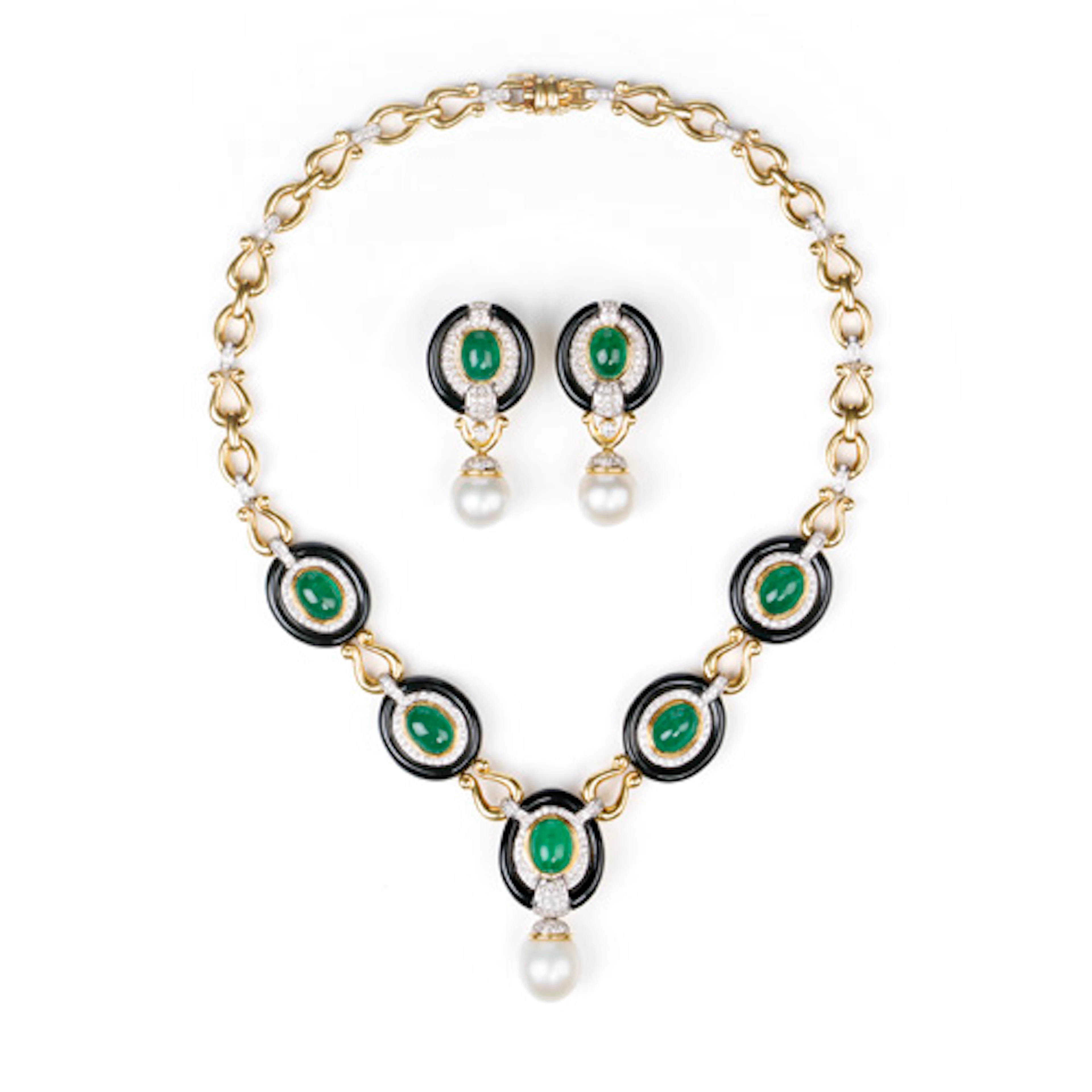 752 Opulentes Lavallière Gold-Collier und Ohrclips mit Smaragd-Cabochons