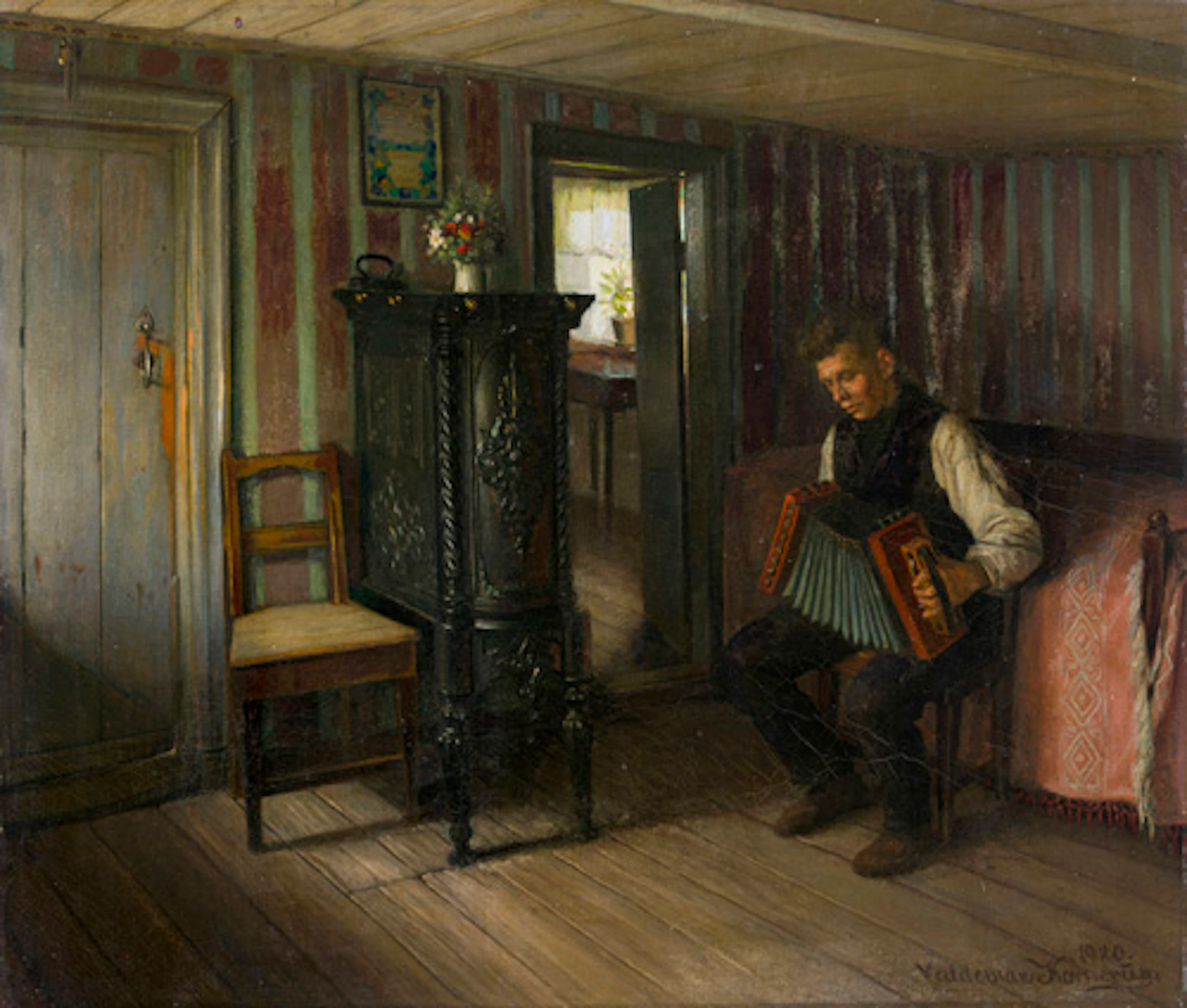 068 Valdemar Kornerup, Bauernstube mit Ziehharmonika-Spieler. 1920.
