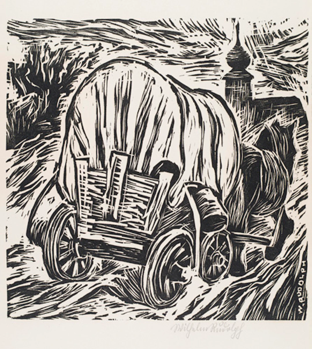 366 Wilhelm Rudolph "Planwagen und Kirche". Vor 1924.