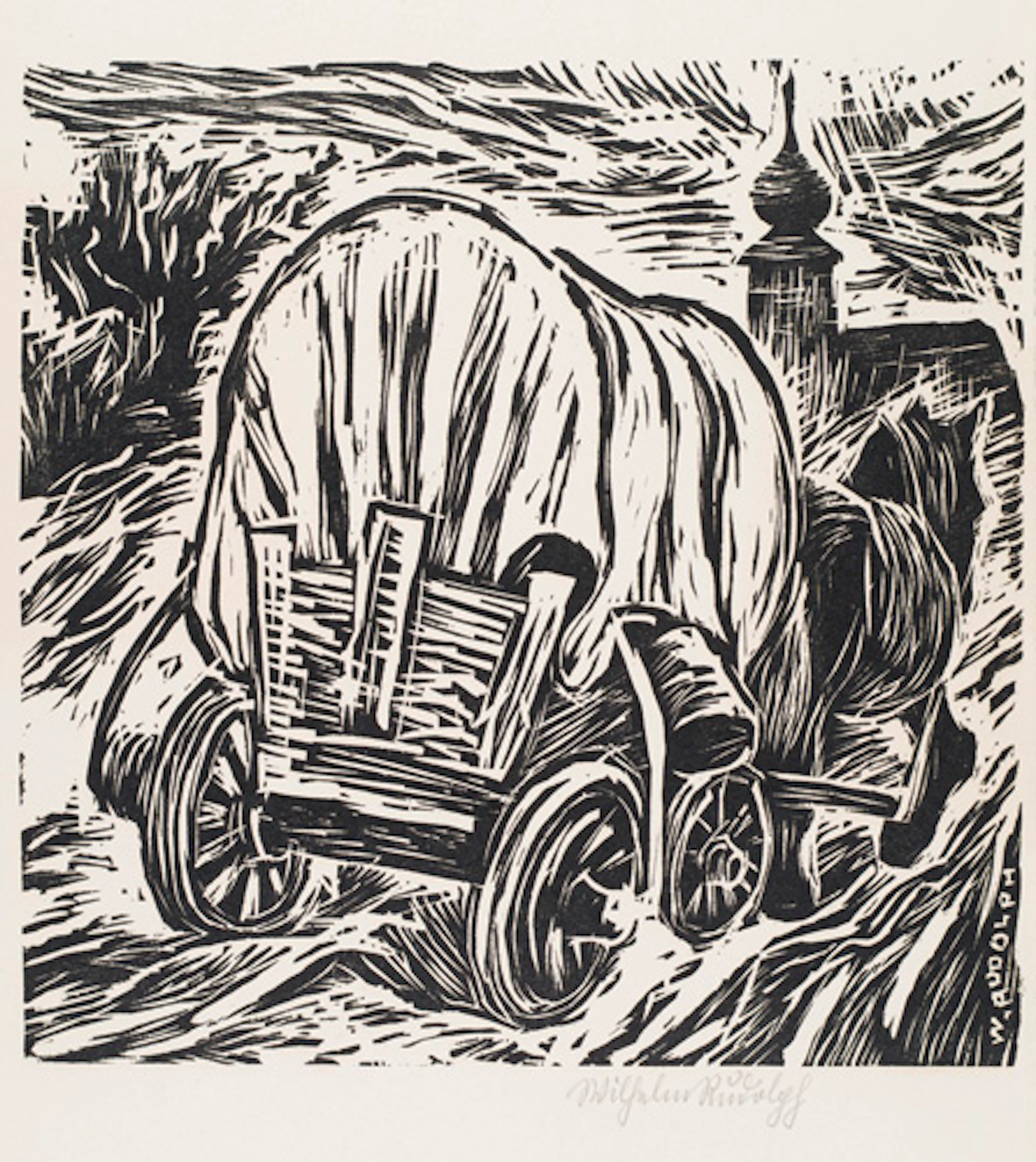 366 Wilhelm Rudolph "Planwagen und Kirche". Vor 1924.