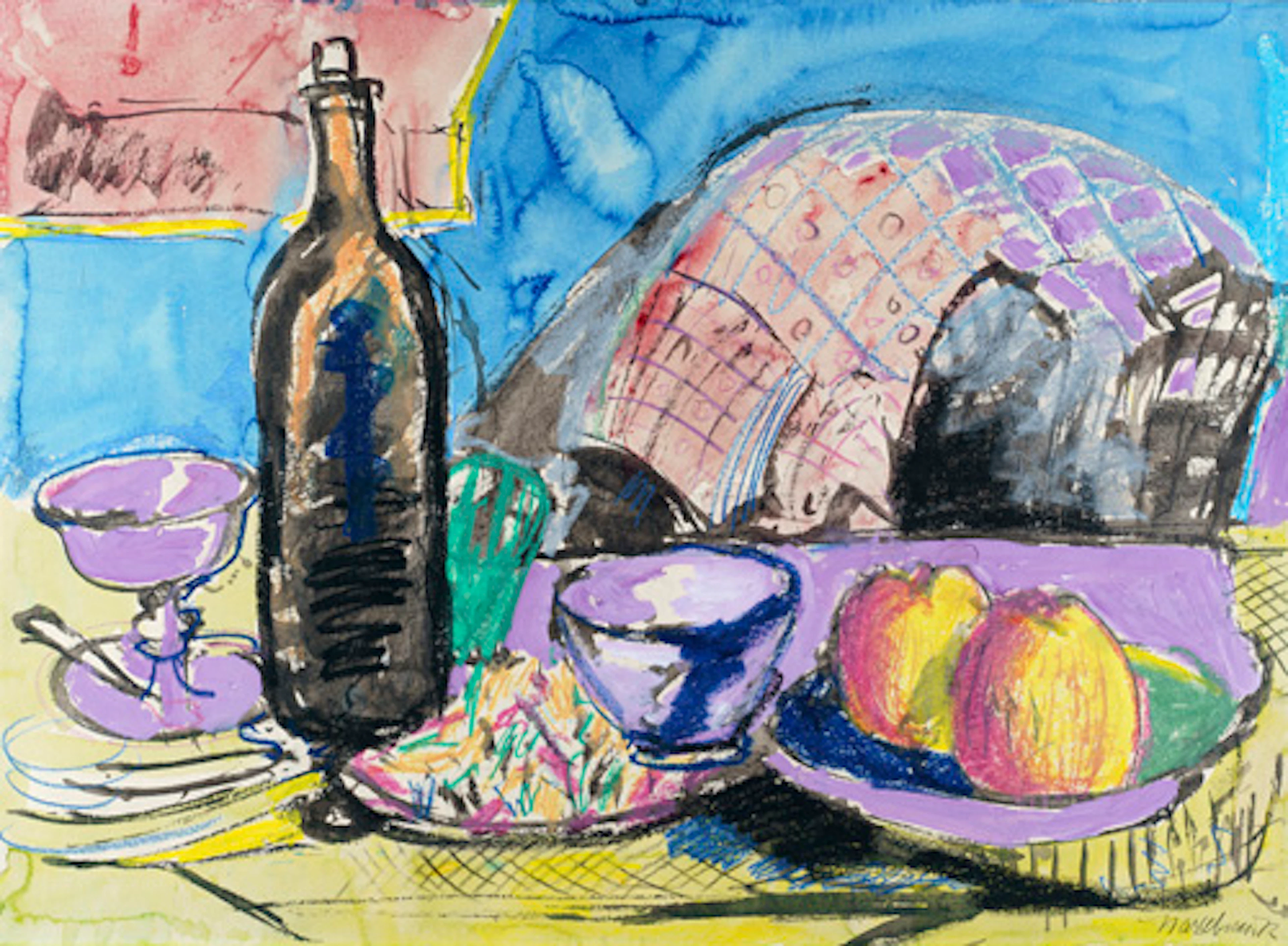471 Ernst Hassebrauk, Stillleben mit schwarzer Flasche und Äpfeln.