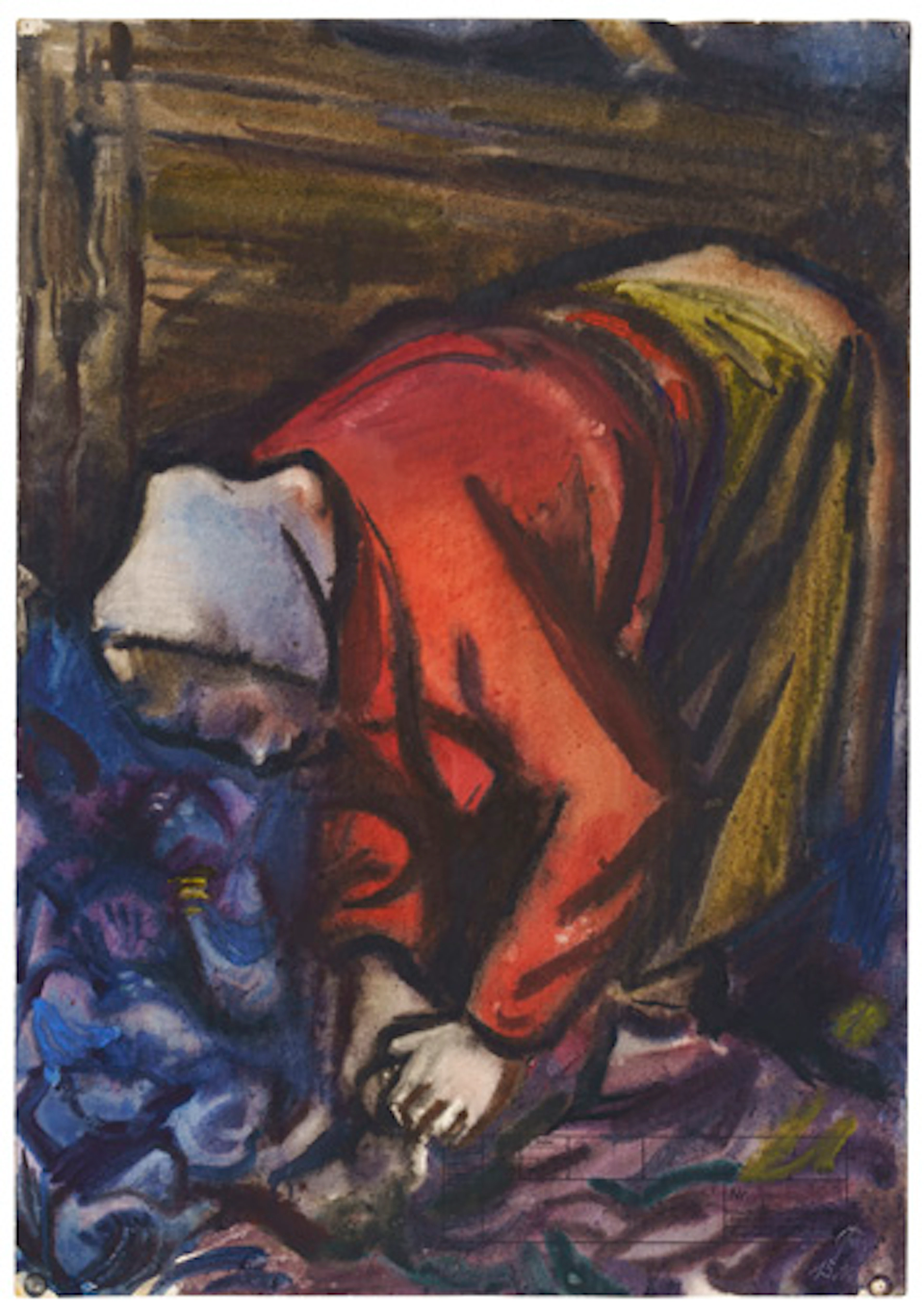 557 Curt Querner "Frau in roter Jacke beim Krautschneiden". 1957.