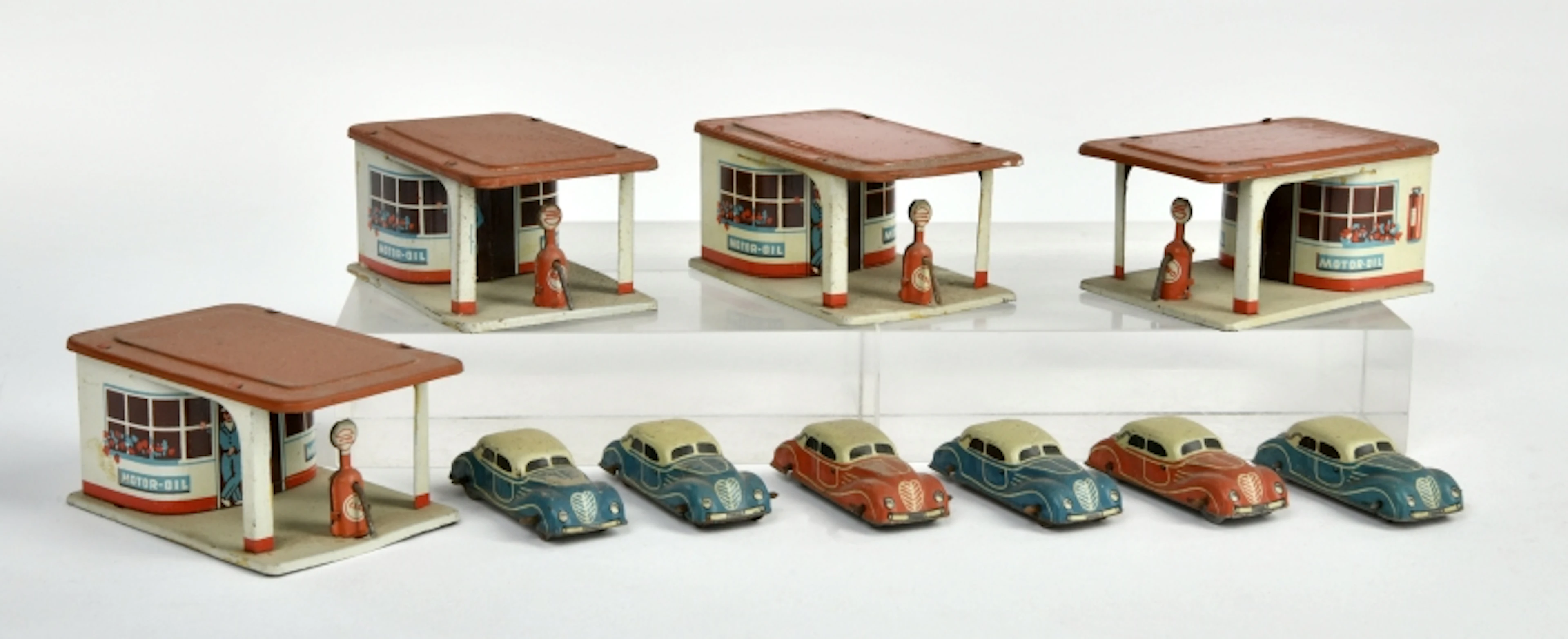 Fischer, 4 Penny Toy Tankstellen mit Fahrzeugen