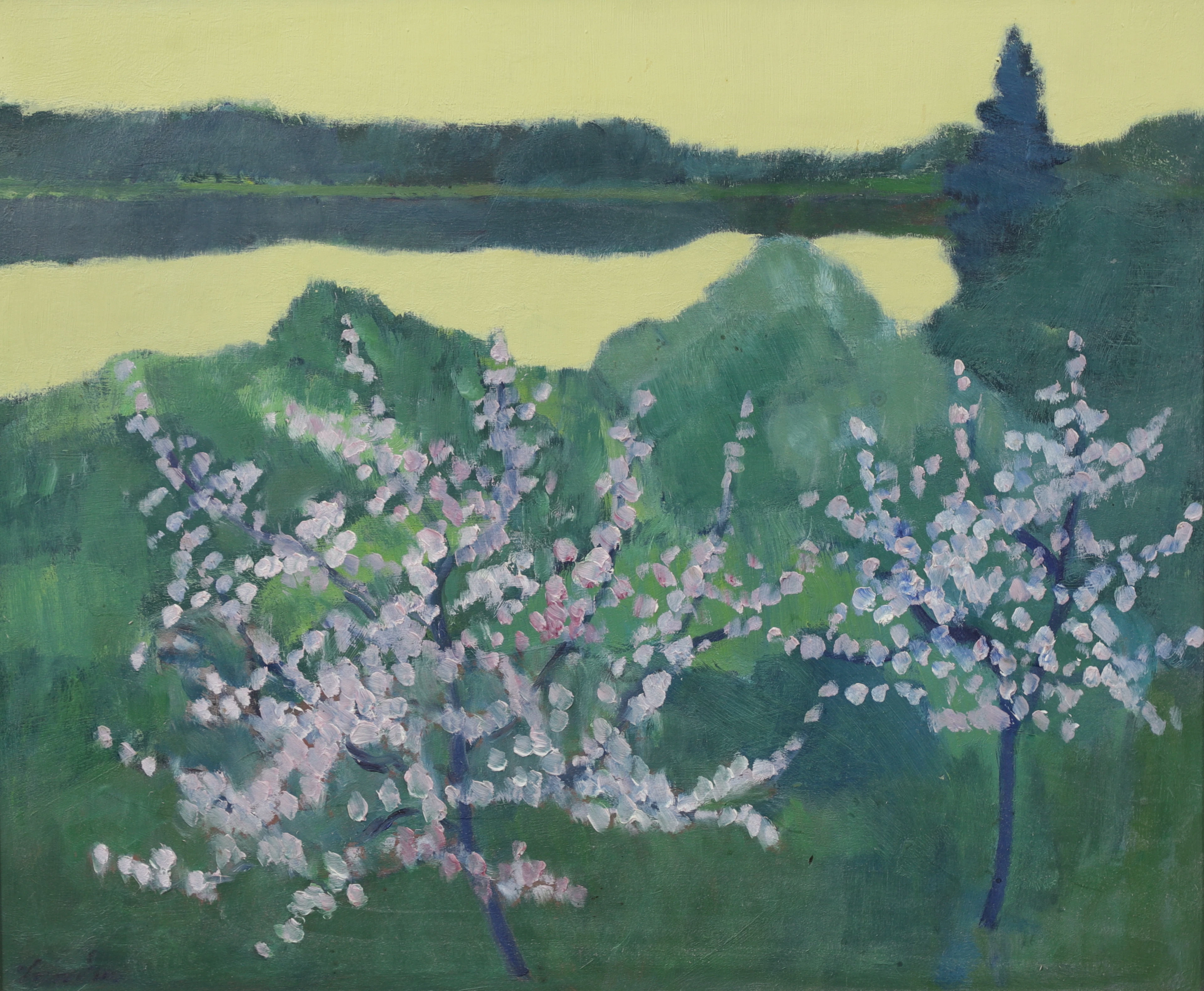 HELGE LINDÉN. "Blommande äppelträn". Olja på pannå, signerad.