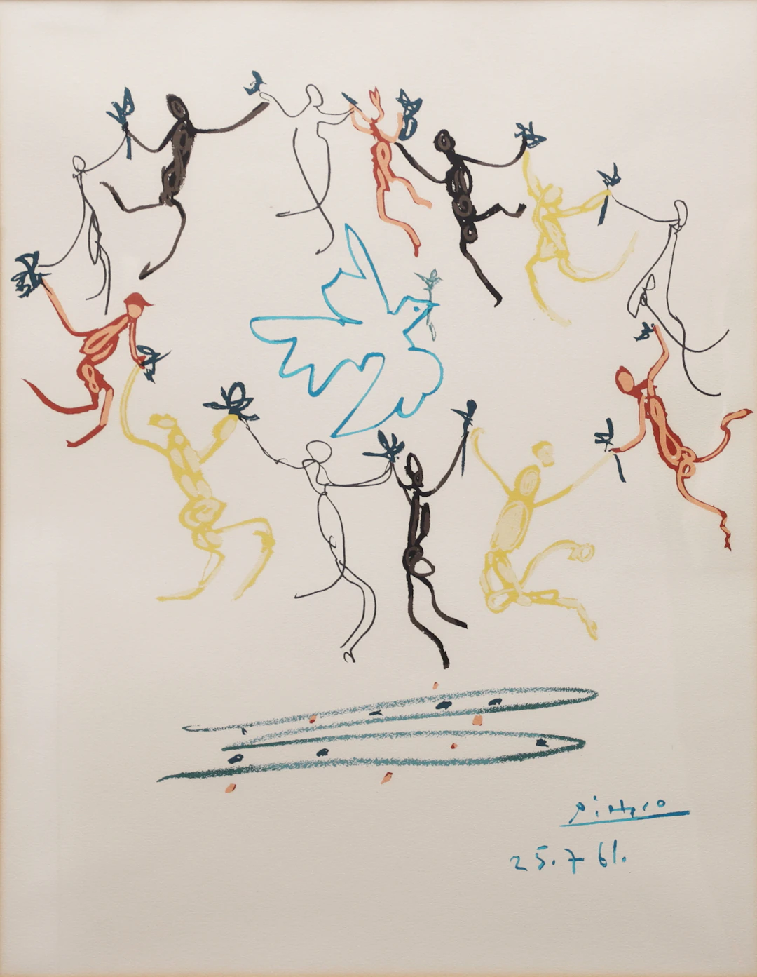 PABLO PICASSO. "Dansen kring fredsduvan". Färglitografi, tryckt signatur.