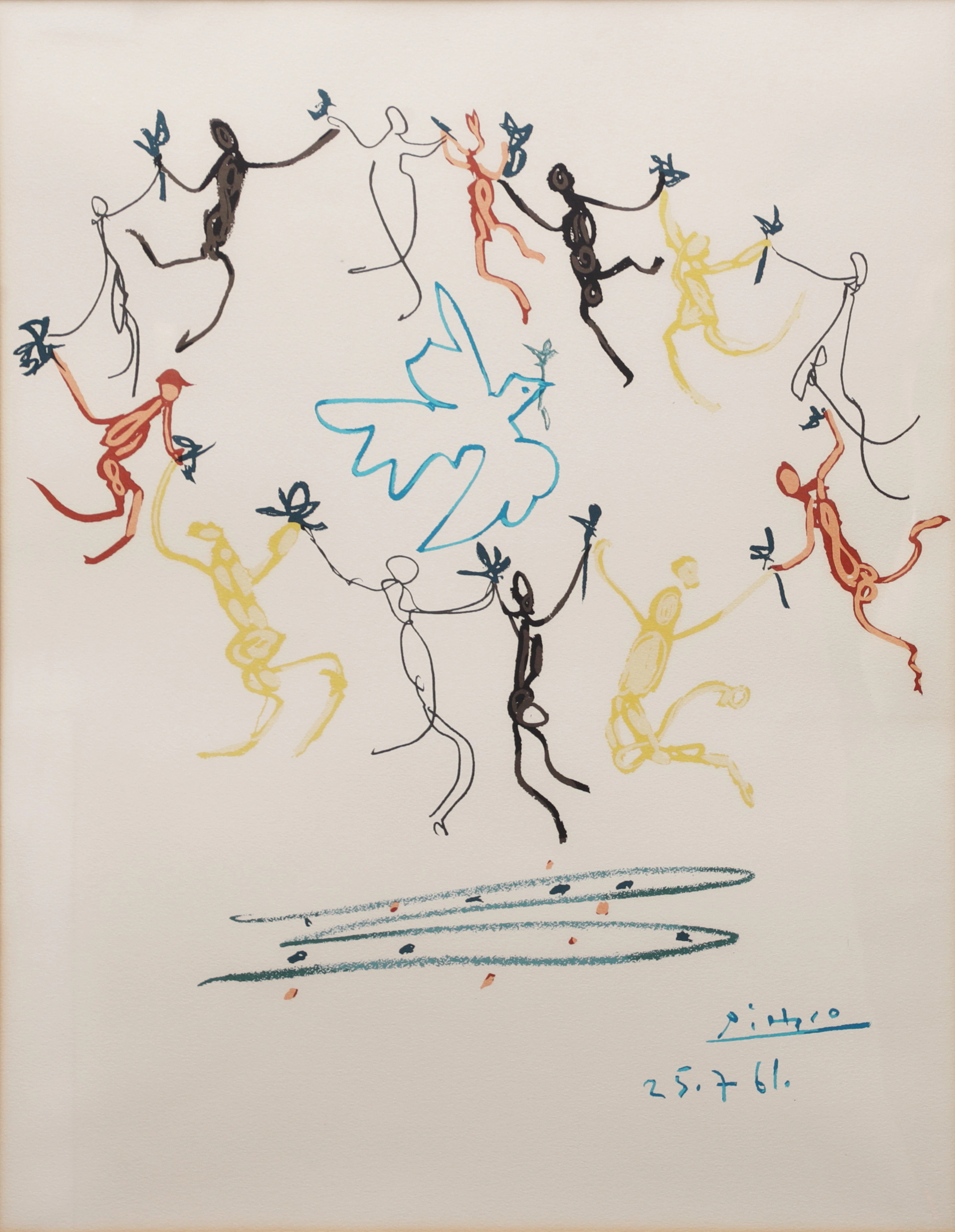 PABLO PICASSO. "Dansen kring fredsduvan". Färglitografi, tryckt signatur.