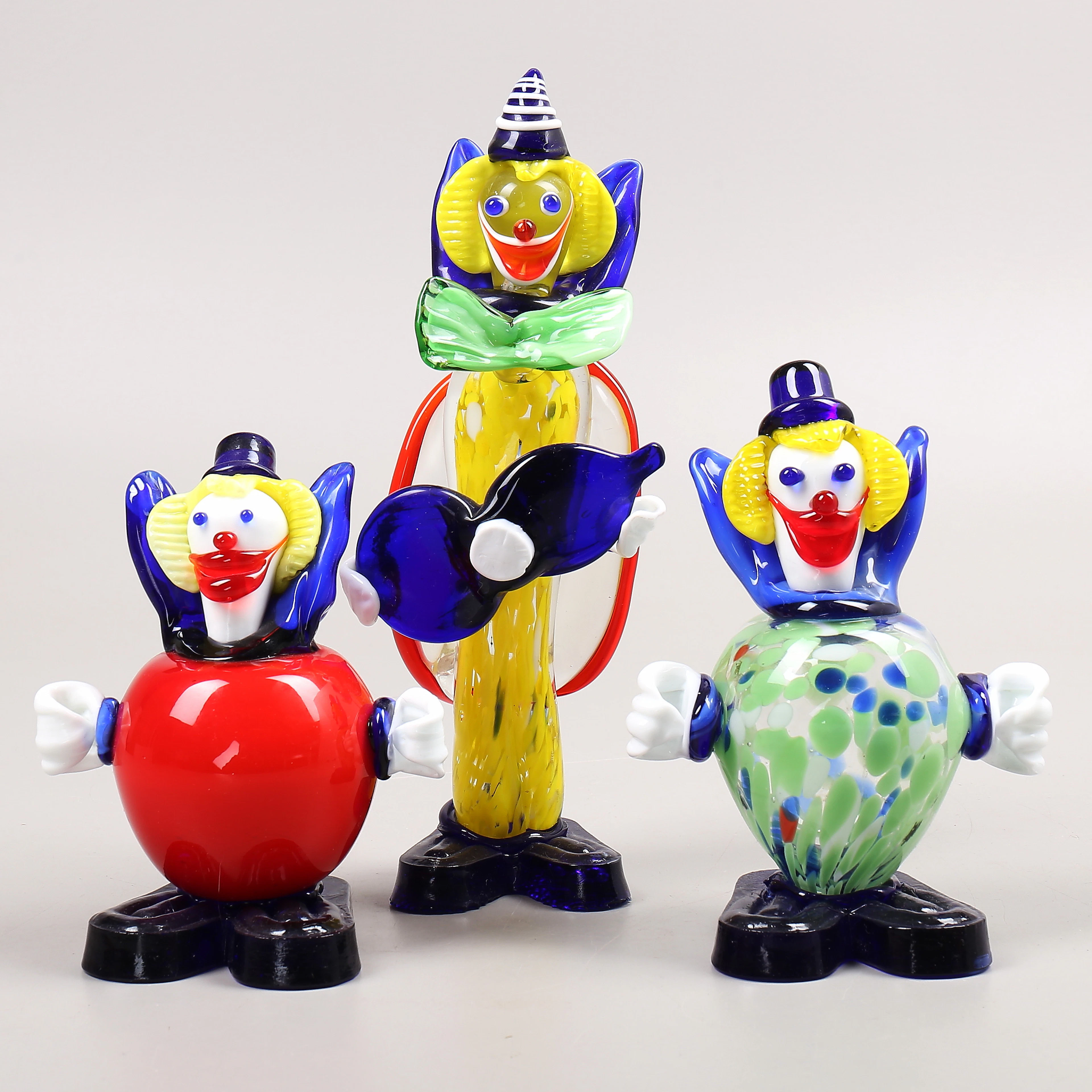 FIGURINER, 3 st. Clowner, färgat glas, RBA, Olofström.