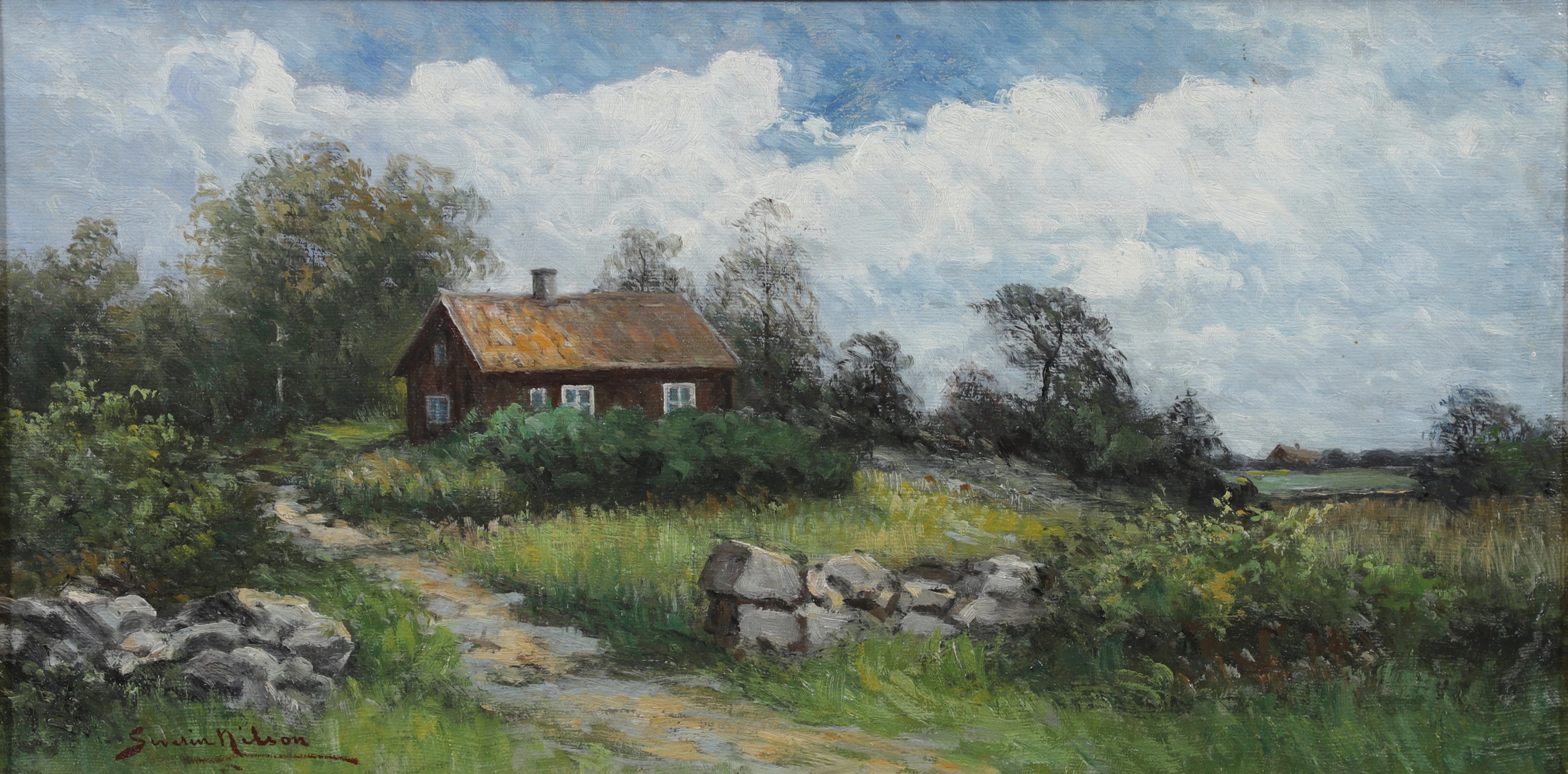 SEVERIN NILSON. Stuga. Olja på pannå, signerad.