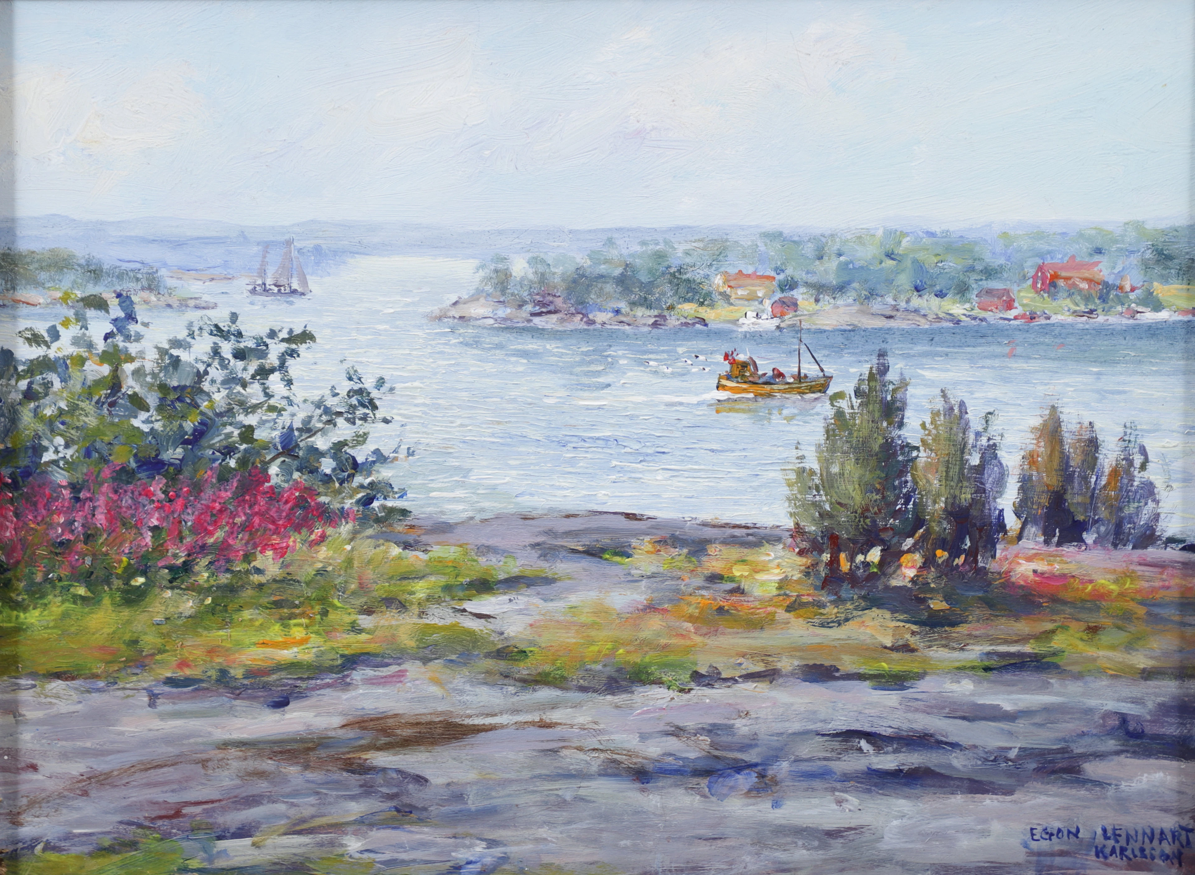 EGON LENNART KARLSSON. "Skärgårdsvy". Olja på pannå, signerad.