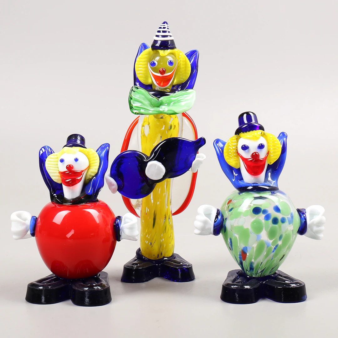 FIGURINER, 3 st. Clowner, färgat glas, RBA, Olofström.