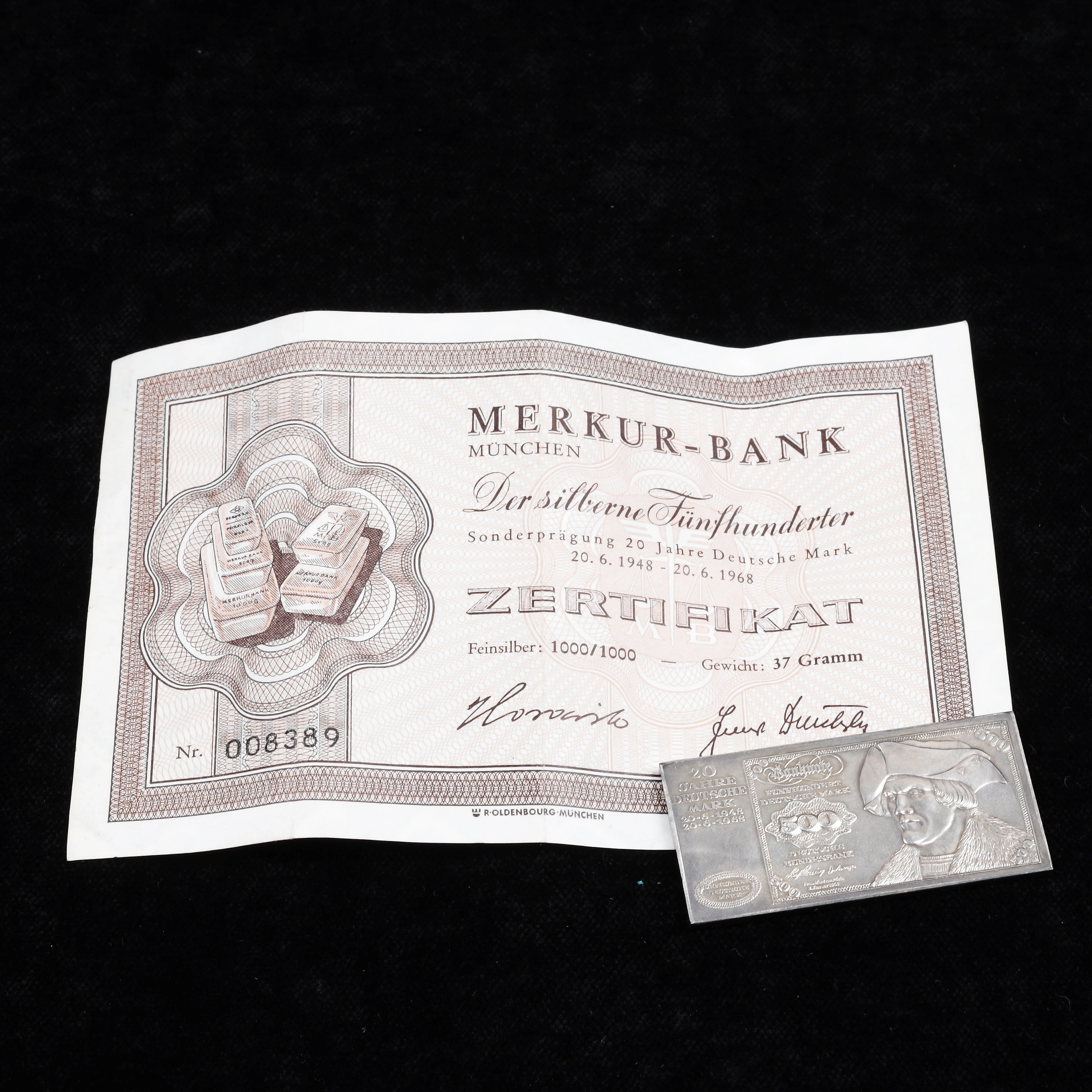 SILVERTACKA, finsilver, Merkur-Bank, München, Tyskland 1968, vikt 36,47 gram.