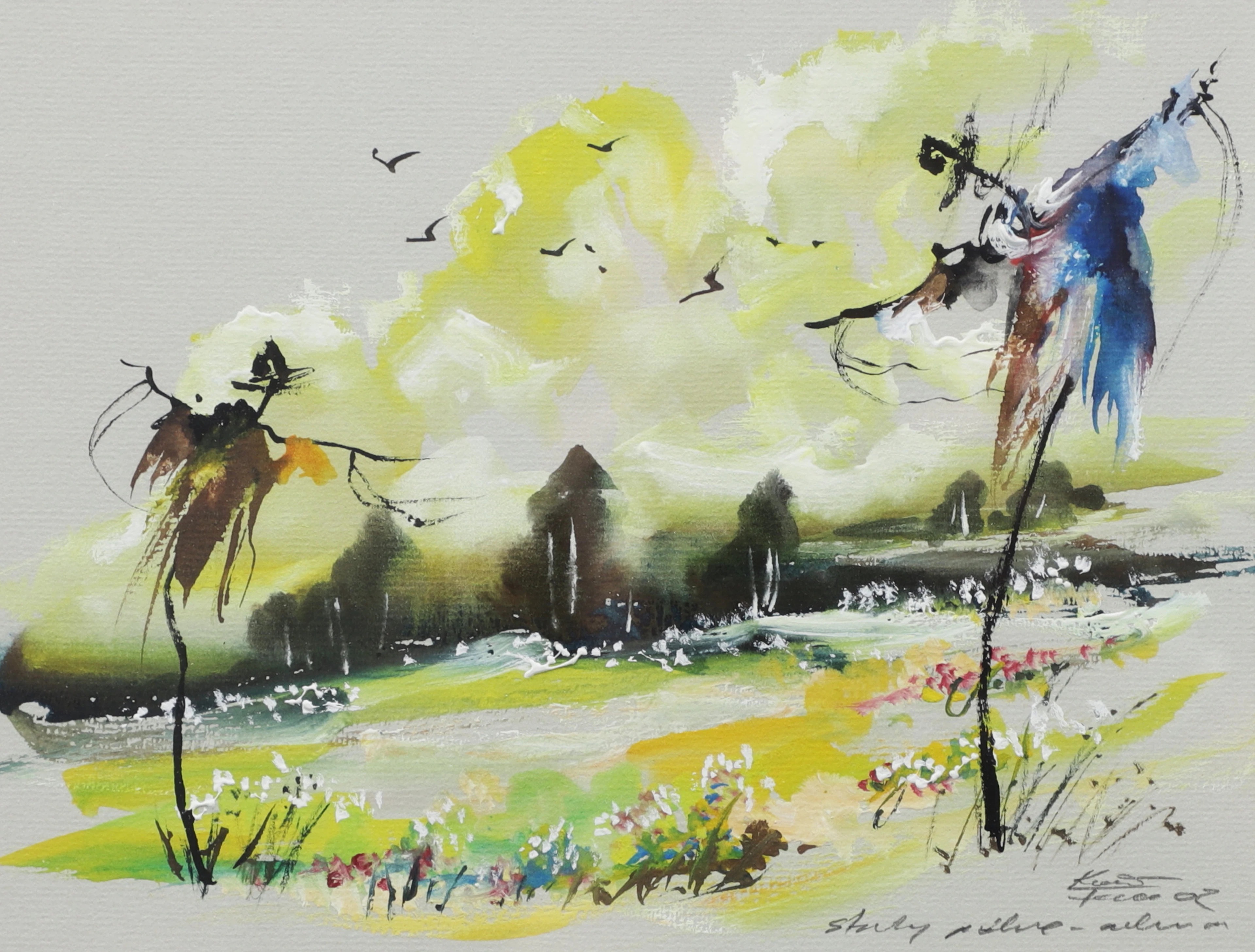 FLORIAN KOHUT. Fågelskrämmare, blandteknink, signerad, daterad 02.