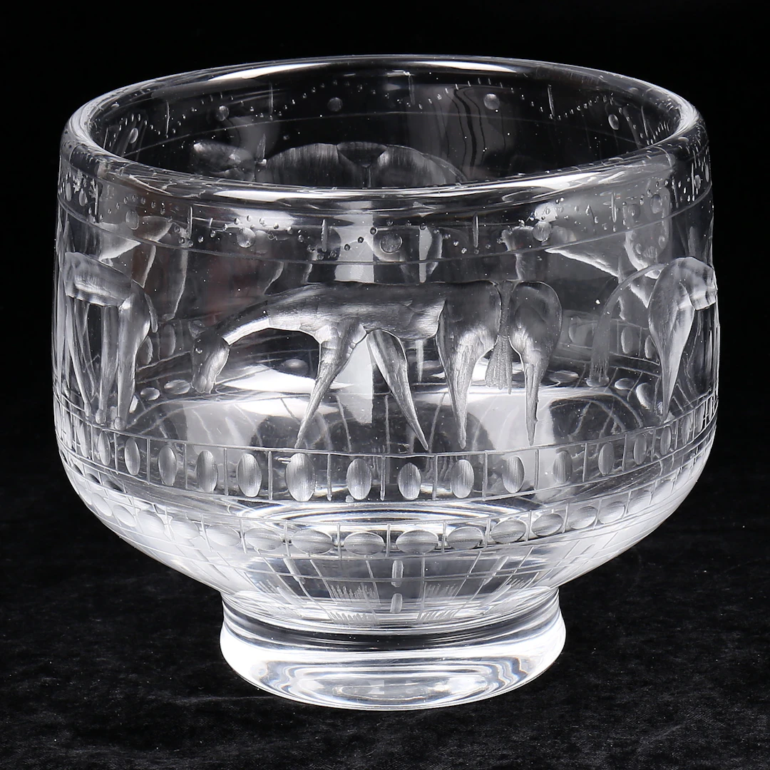ERIK HÖGLUND. Skål, glas, graverad, Boda, 1900-talets mitt.