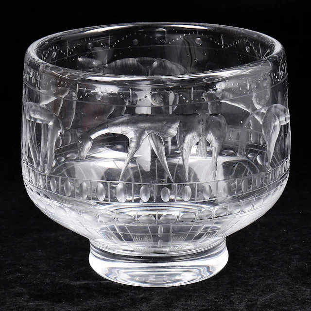 ERIK HÖGLUND. Skål, glas, graverad, Boda, 1900-talets mitt.