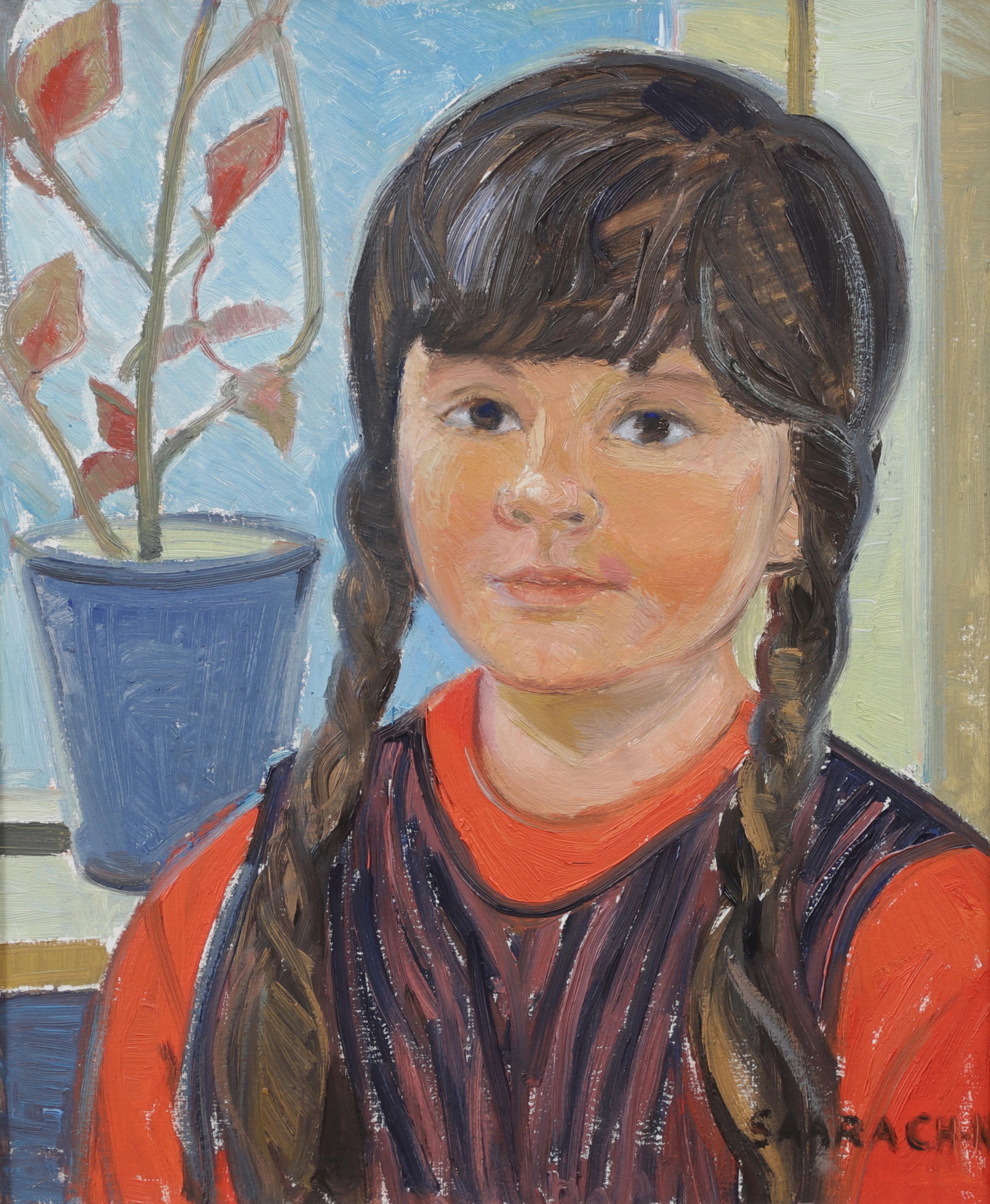SAARA CHRISTIANSEN. "Lill-Stina", olja på pannå, signerad.
