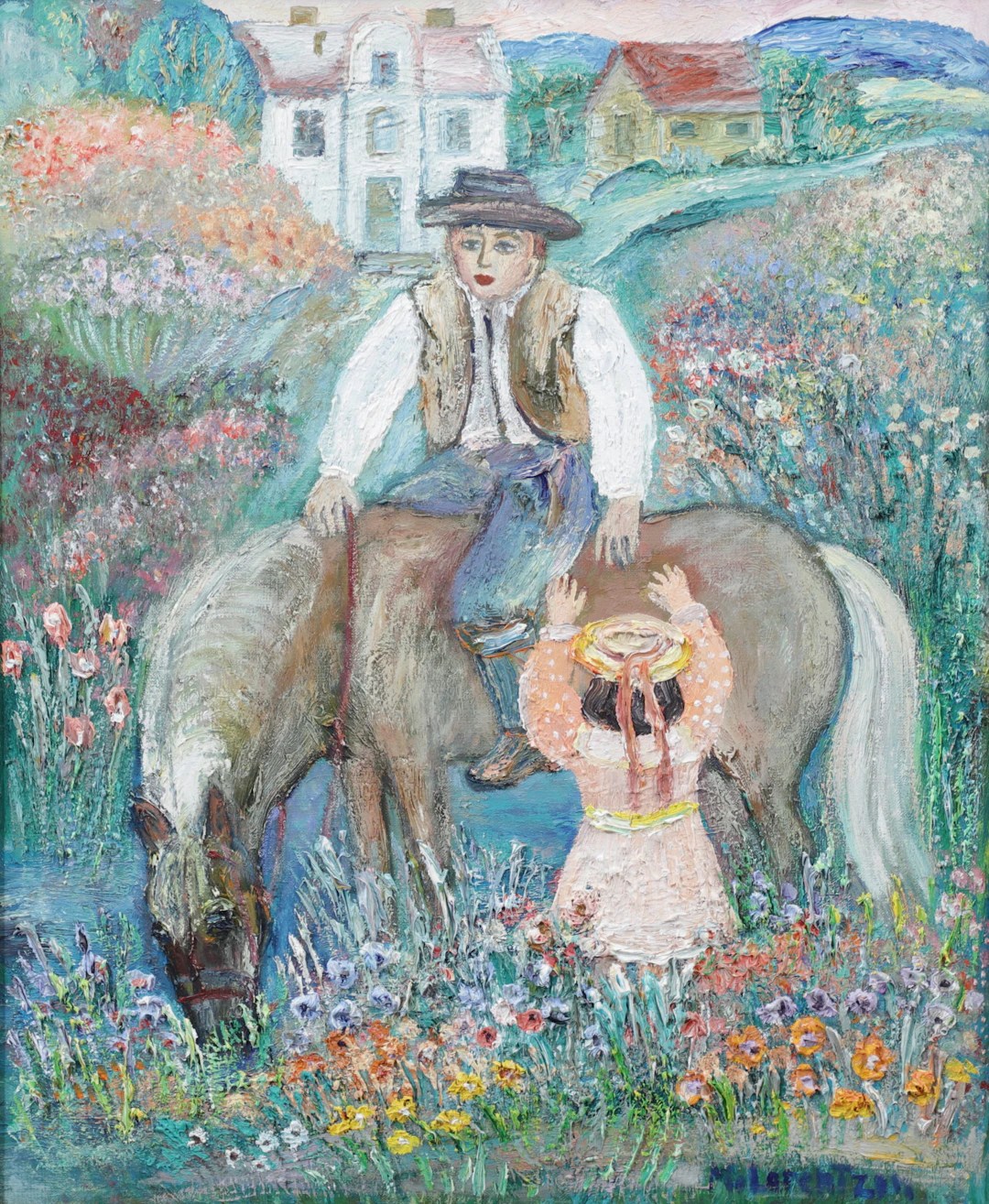 MONICA LORENTZON. Ryttare och flicka. Olja på duk, signerad.