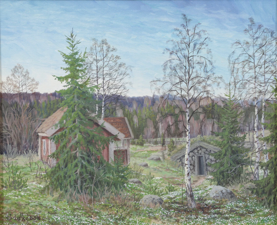 JAN-OLOF FOLKESSON. Stuga i skog. Olja på duk, signerad.