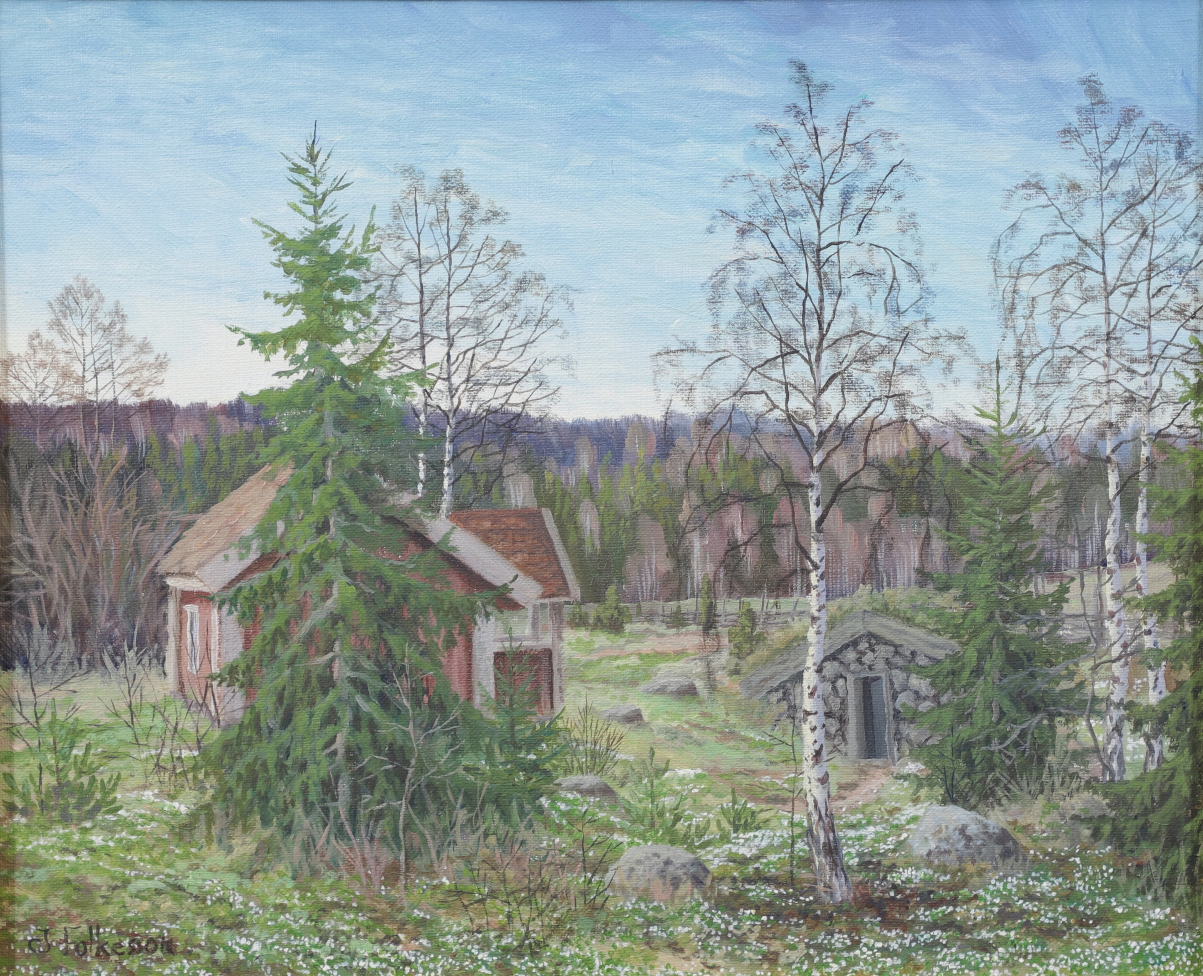JAN-OLOF FOLKESSON. Stuga i skog. Olja på duk, signerad.