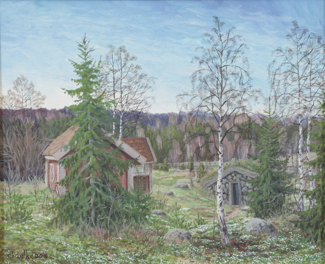 JAN-OLOF FOLKESSON. Stuga i skog. Olja på duk, signerad.