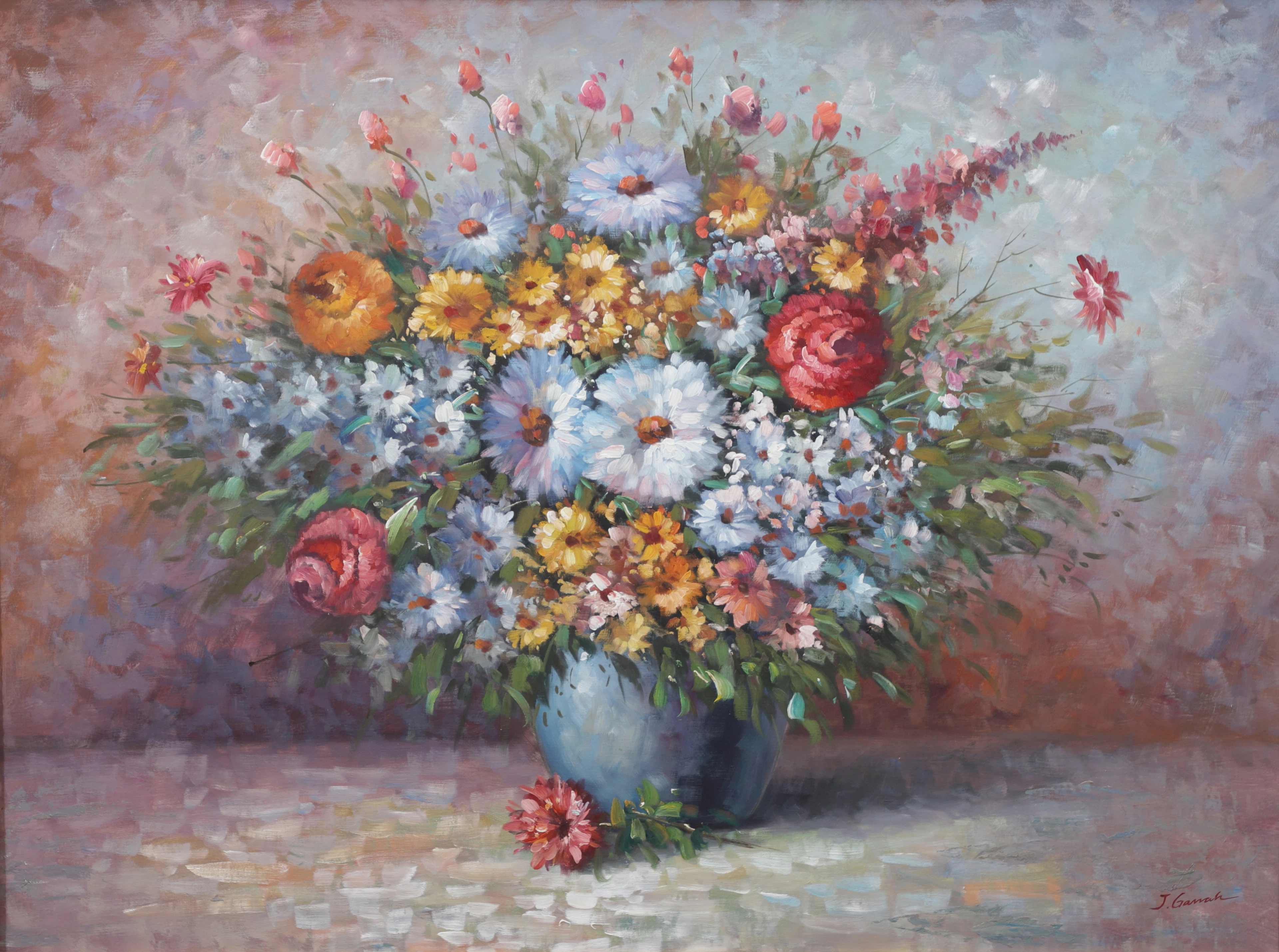 OIDENTIFIERAD KONSTNÄR. Olja på duk, Blomsterstilleben, signerad.